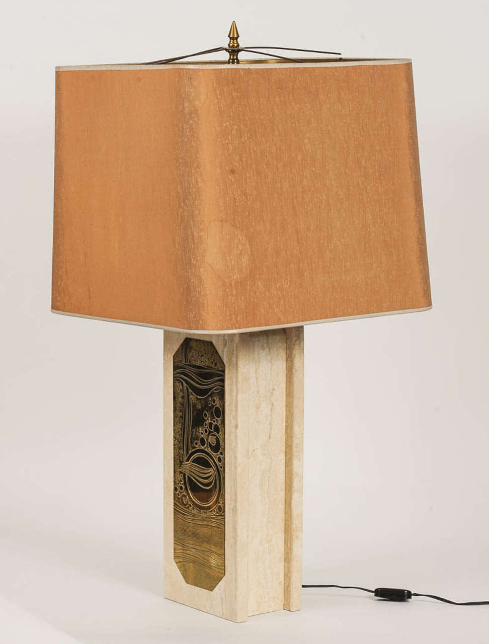 Beige marbled table lamp by Belgian artist Georges Mathias with etched brass plaque.
Signed Georges Mathias.
