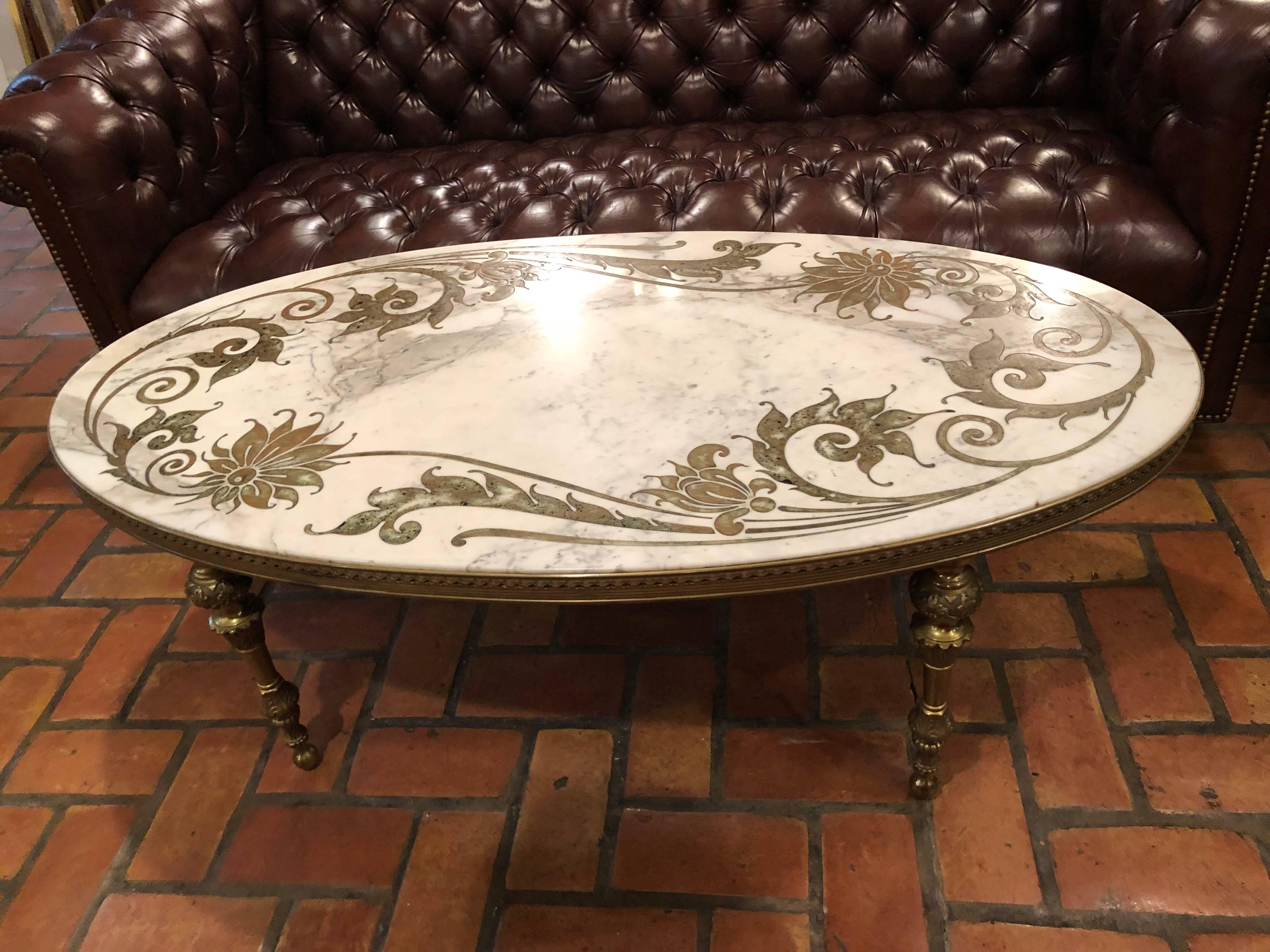Hollywood Regency Marble-Top Coffee Table with Inlay 4