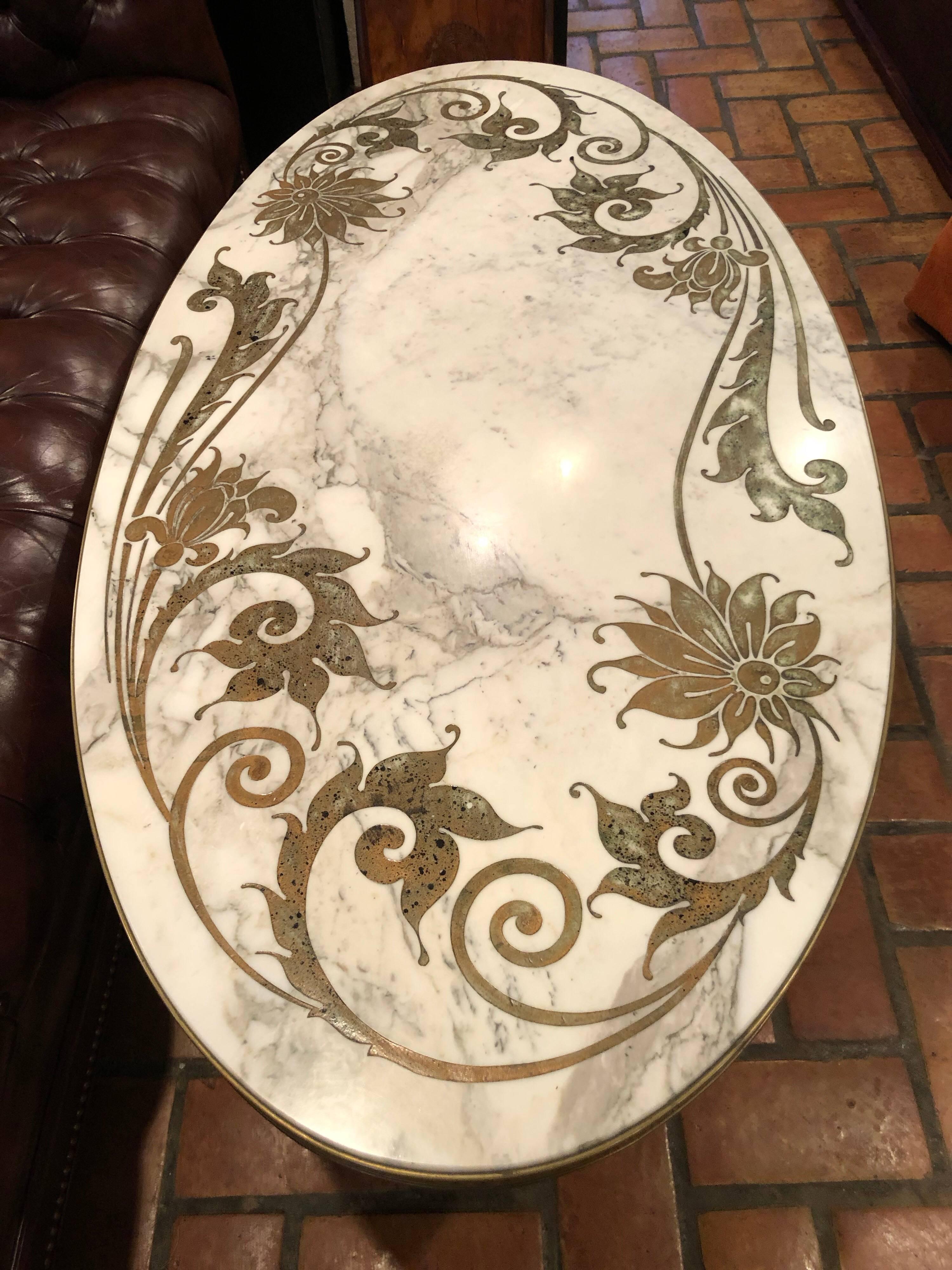 Hollywood Regency Marble-Top Coffee Table with Inlay In Good Condition In Redding, CT