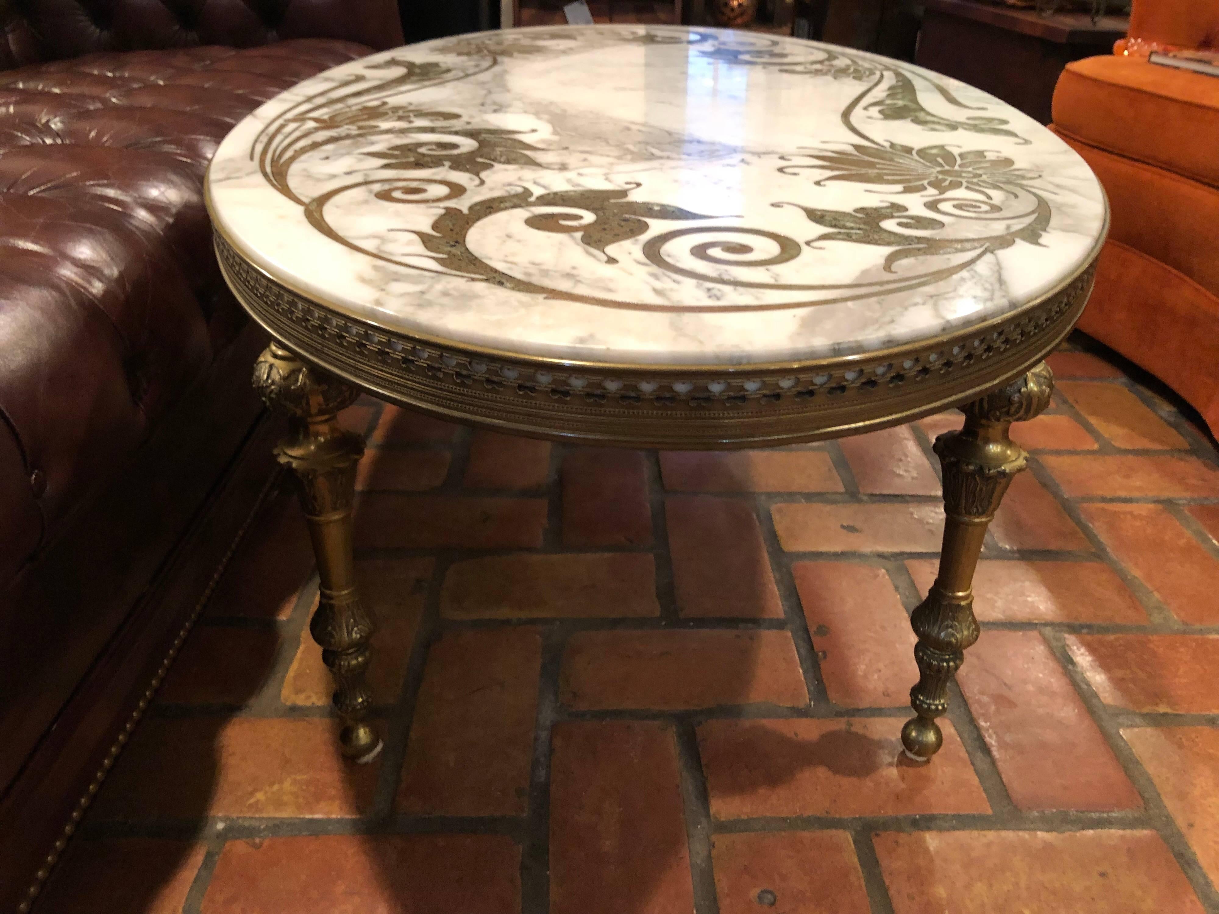 Mid-20th Century Hollywood Regency Marble-Top Coffee Table with Inlay