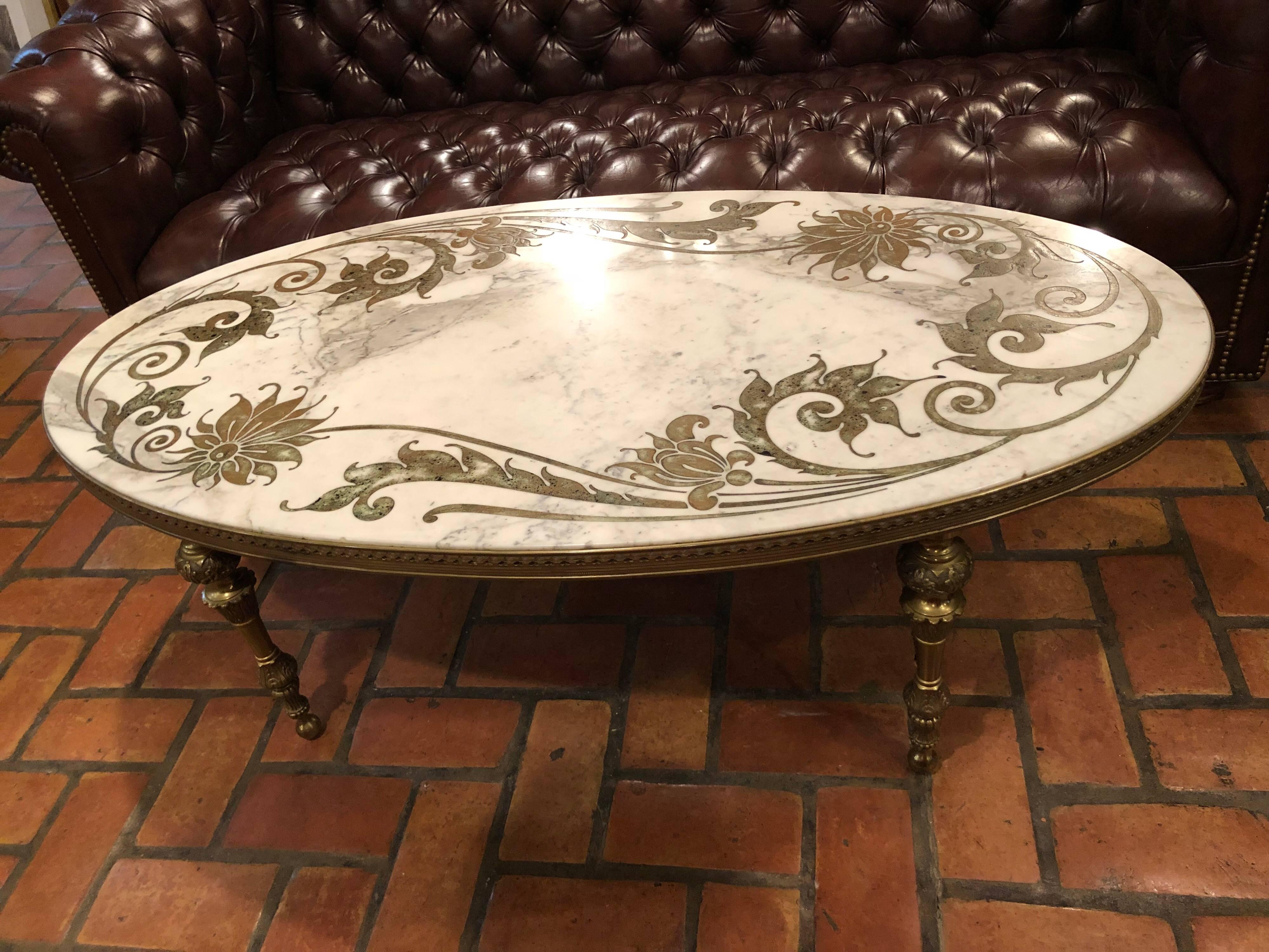 Brass Hollywood Regency Marble-Top Coffee Table with Inlay