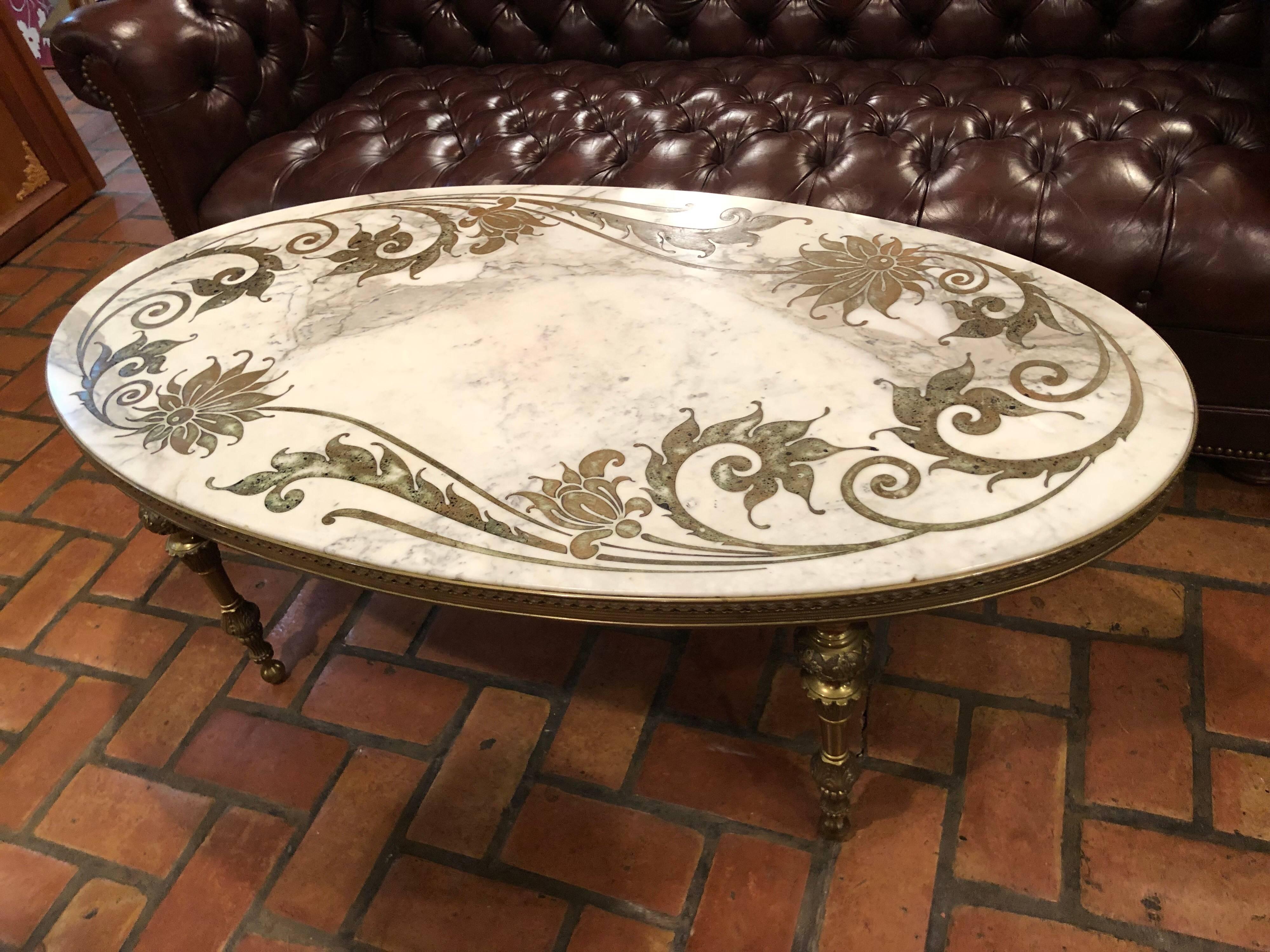 Hollywood Regency Marble-Top Coffee Table with Inlay 1