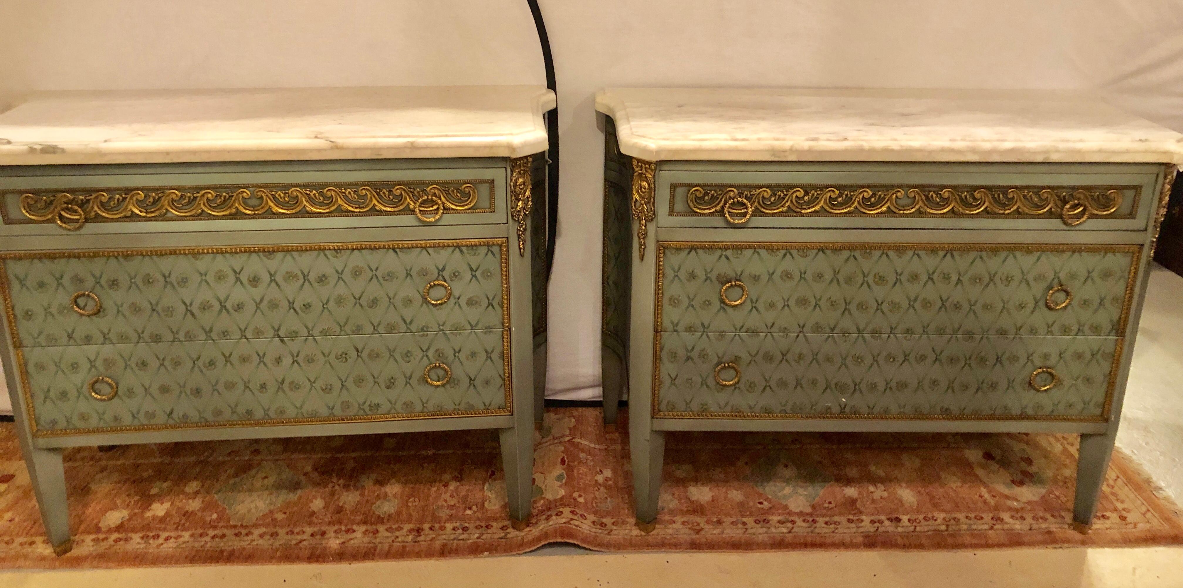 Hollywood Regency Marble-Top Commodes Chests Commode Nightstands Pair 14