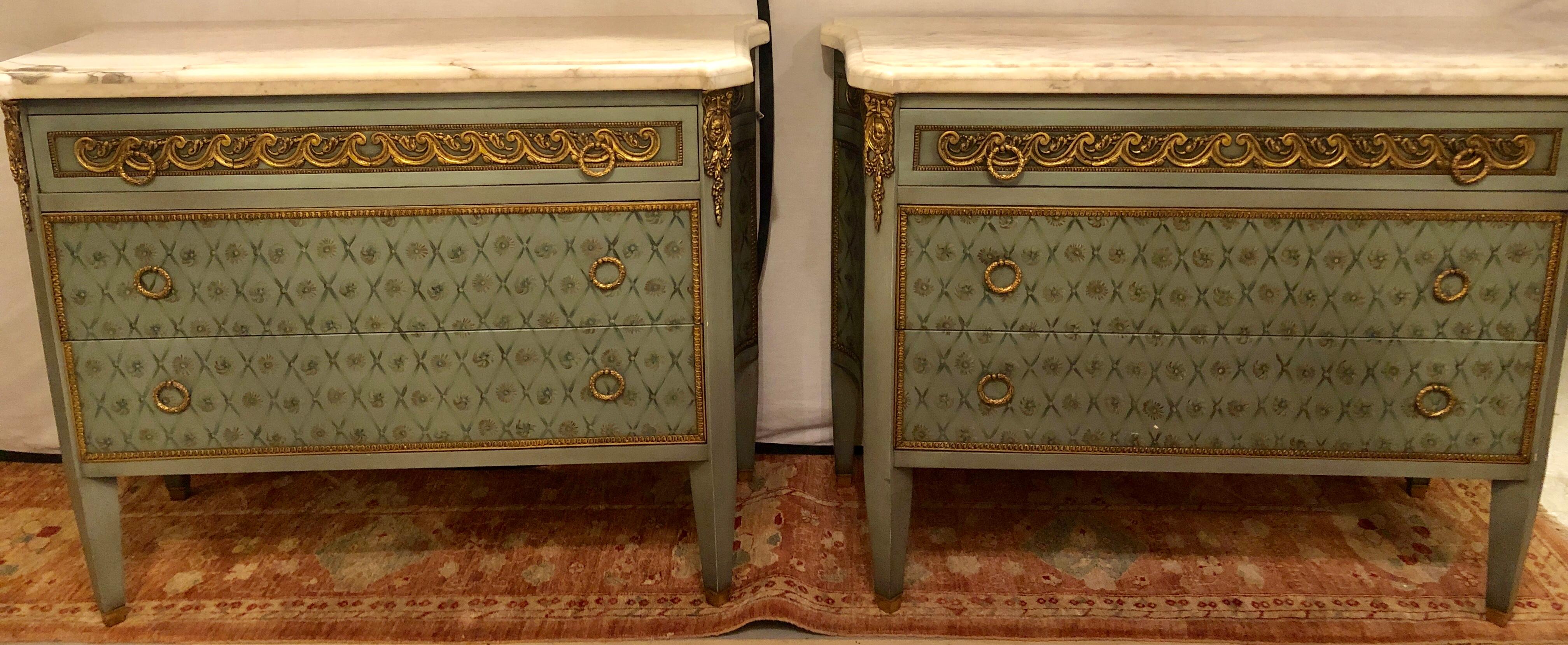 Hollywood Regency Marble-Top Commodes Chests Commode Nightstands Pair 15