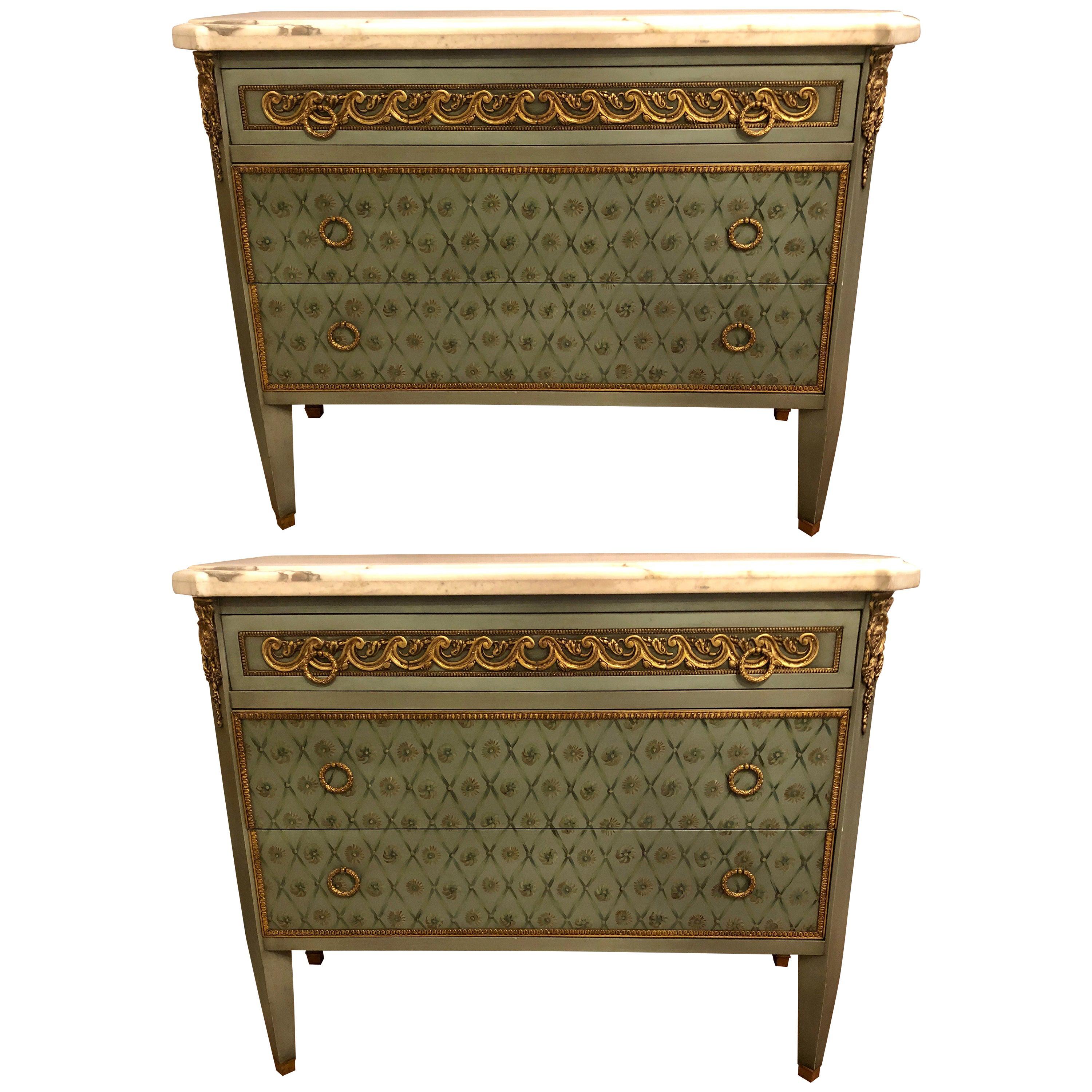 Hollywood Regency Marble-Top Commodes Chests Commode Nightstands Pair
