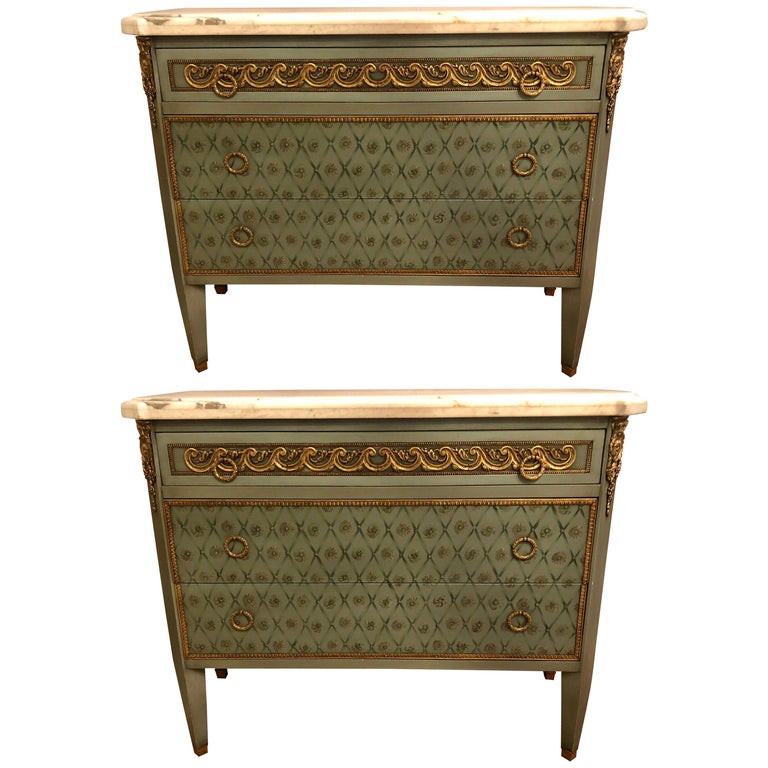 Hollywood Regency Marble-Top Commodes Chests Commode Nightstands Pair For Sale