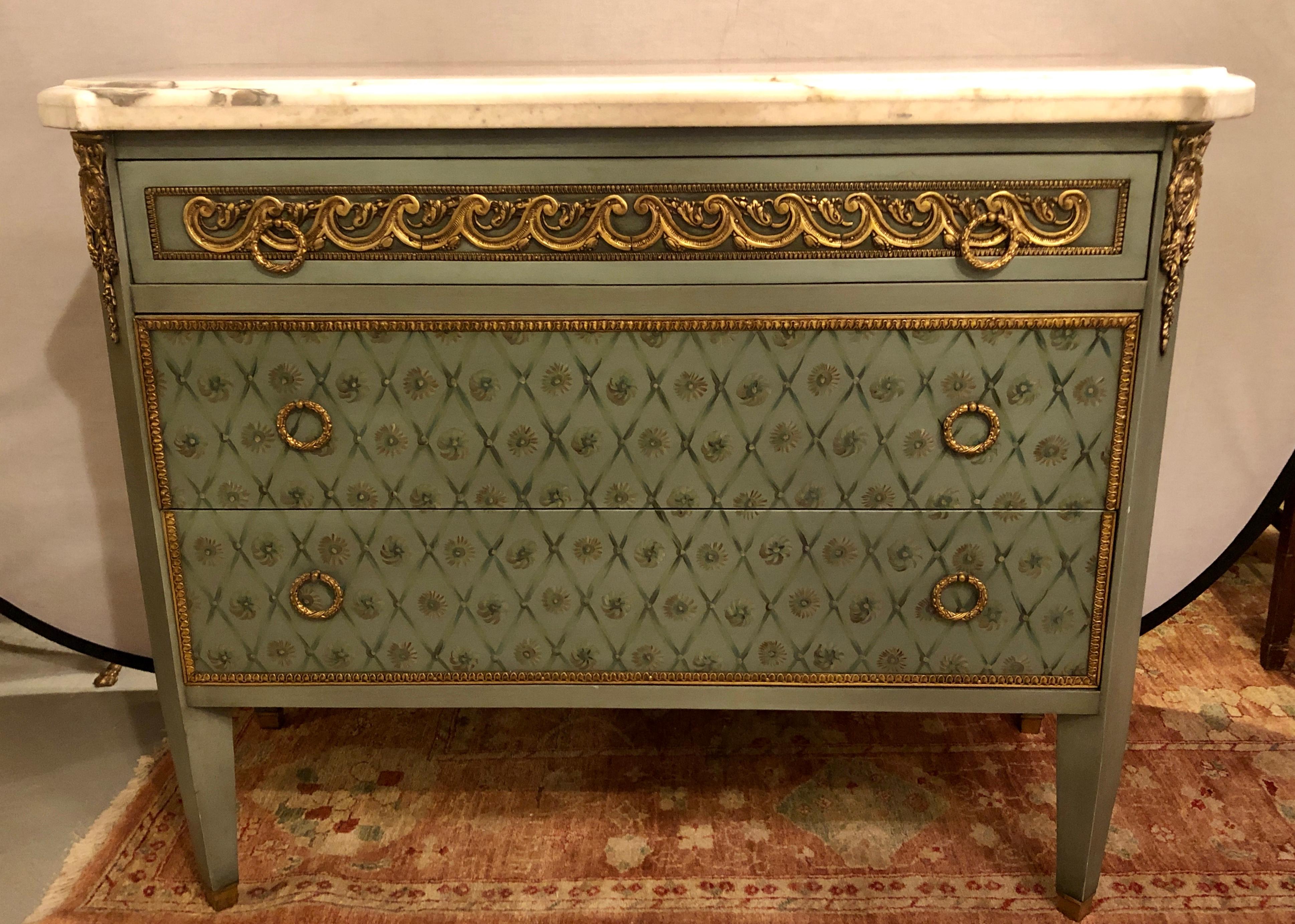 Pair of simply stunning hand painted commodes, nightstands or chests in the manner of Maison Jansen each having a think marble top supported by a spectacular painted center thin drawer having a bronze frame and bronze pulls with a bronze decorated