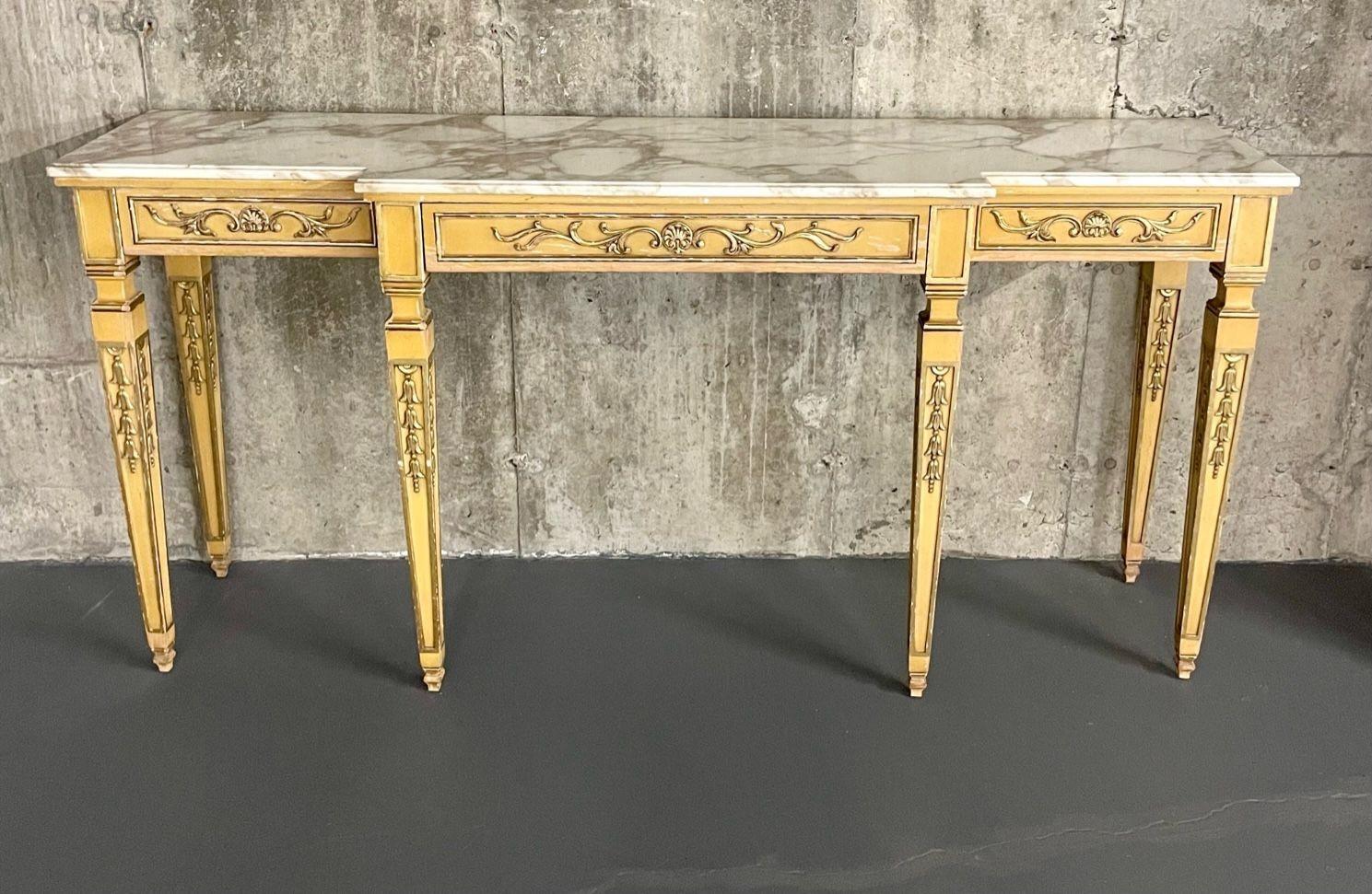 Hollywood Regency marble top console / sofa table, sideboard, giltwood, narrow.
A French Louis XVI Style Marble Top Console or Sofa Table have a parcel gilt and paint decorated finish supporting a large white and deep gray veined marble top. This