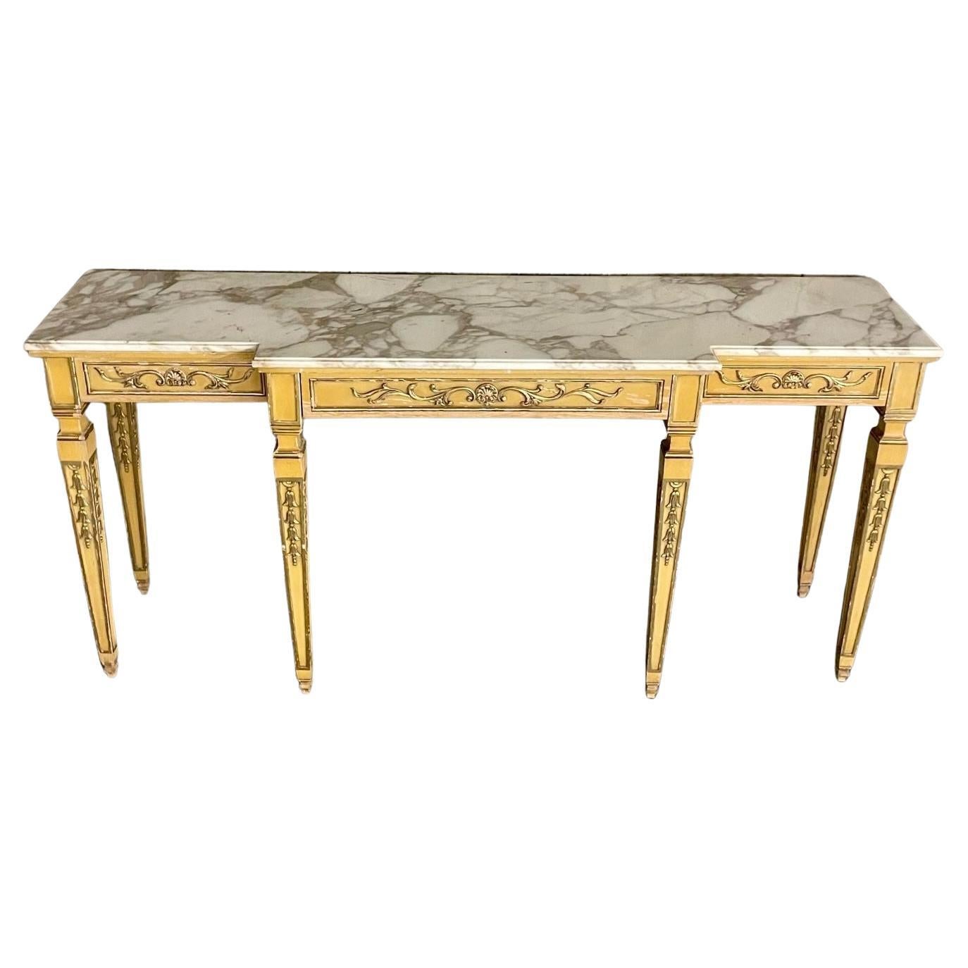 Console / table de canapé Hollywood Regency à plateau en marbre, buffet, bois doré, étroit