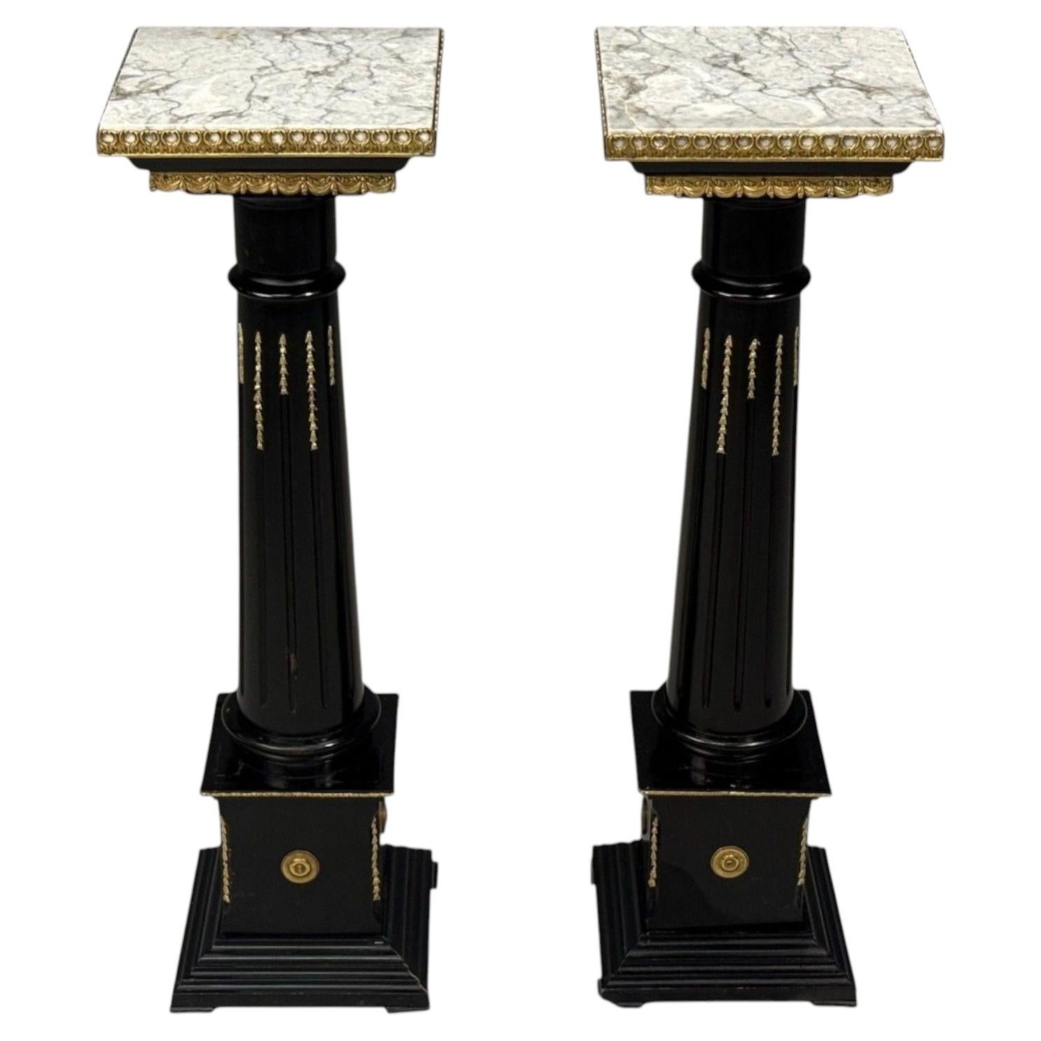 Hollywood Regency, Marble Top Pedestals, Ebonized Wood, Bronze, France, 1960s