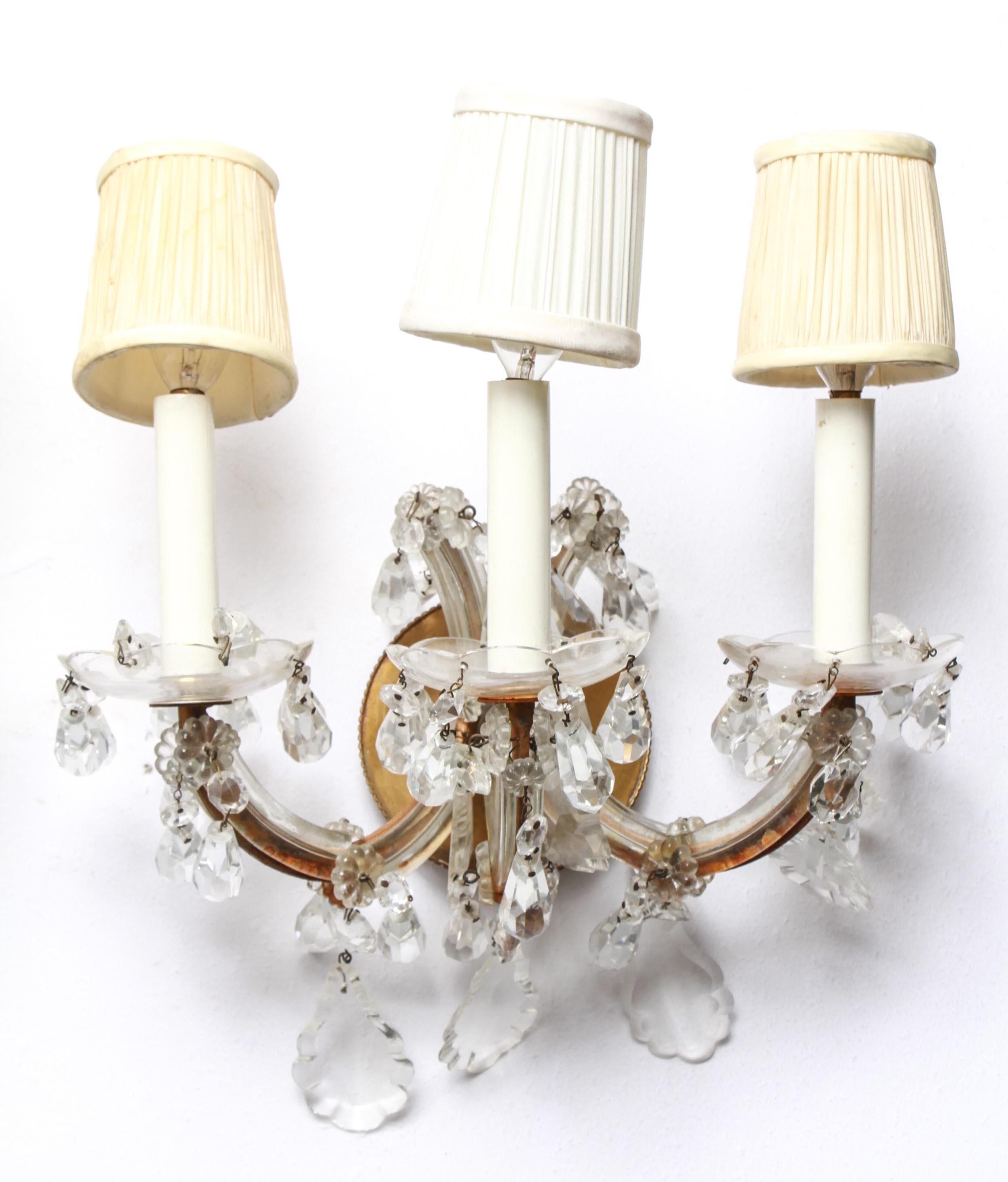 Hollywood Regency Maria Theresa Brass and Glass Sconces In Good Condition In Astoria, NY