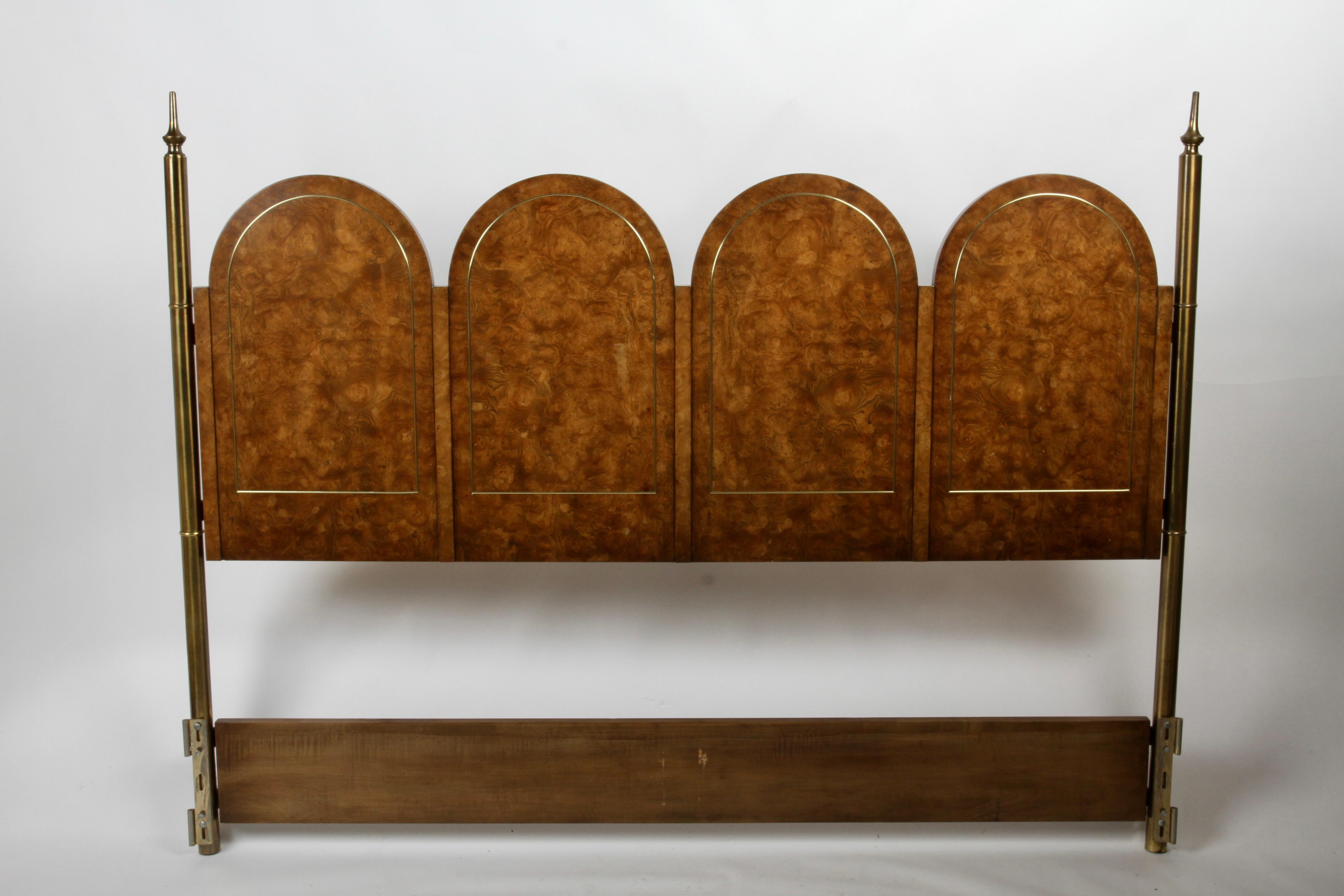 Hollywood Regency Mastercraft designed King Headboard with a series of four arched backs in Amboyna Burl with Brass inlay and solid round brass posts with spear finial, c. 1970s. In fine condition, can be lacquered for additional cost. 

Mounting