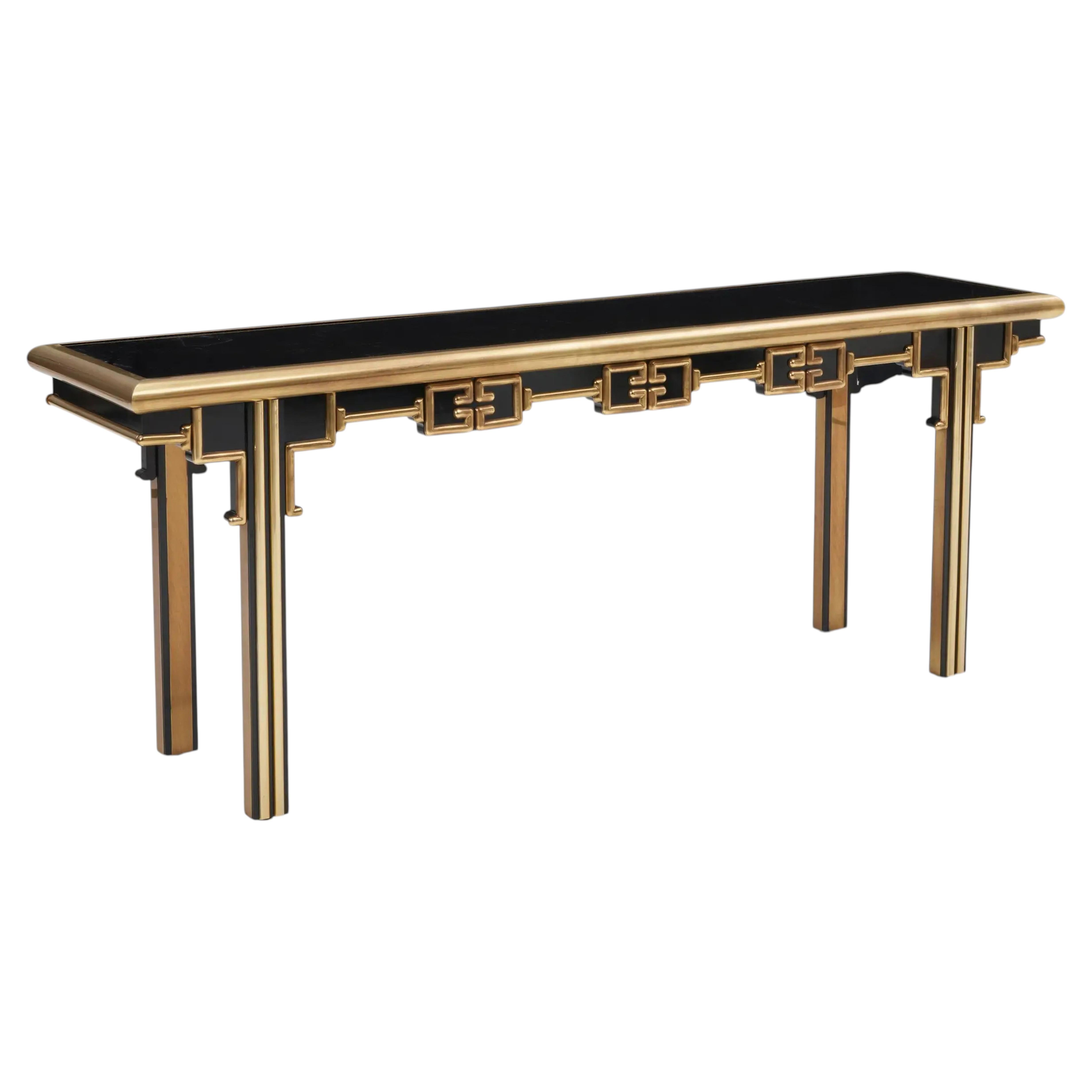 Hollywood Regency Mastercraft Black Lacquer and Brass Console, ca 1960s For Sale