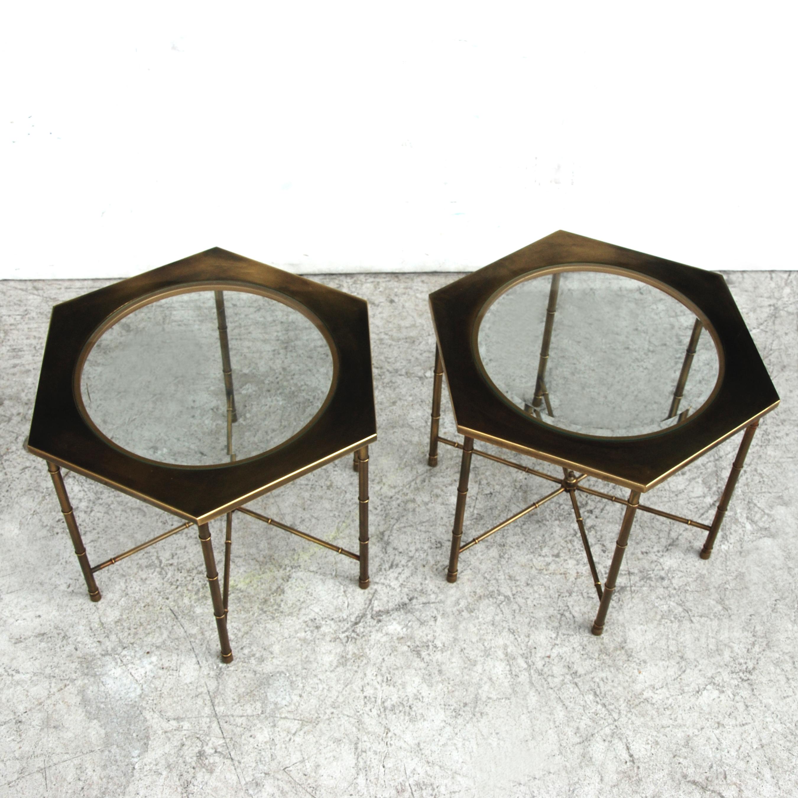 North American Hollywood Regency Mastercraft Brass Hexagon Side Tables