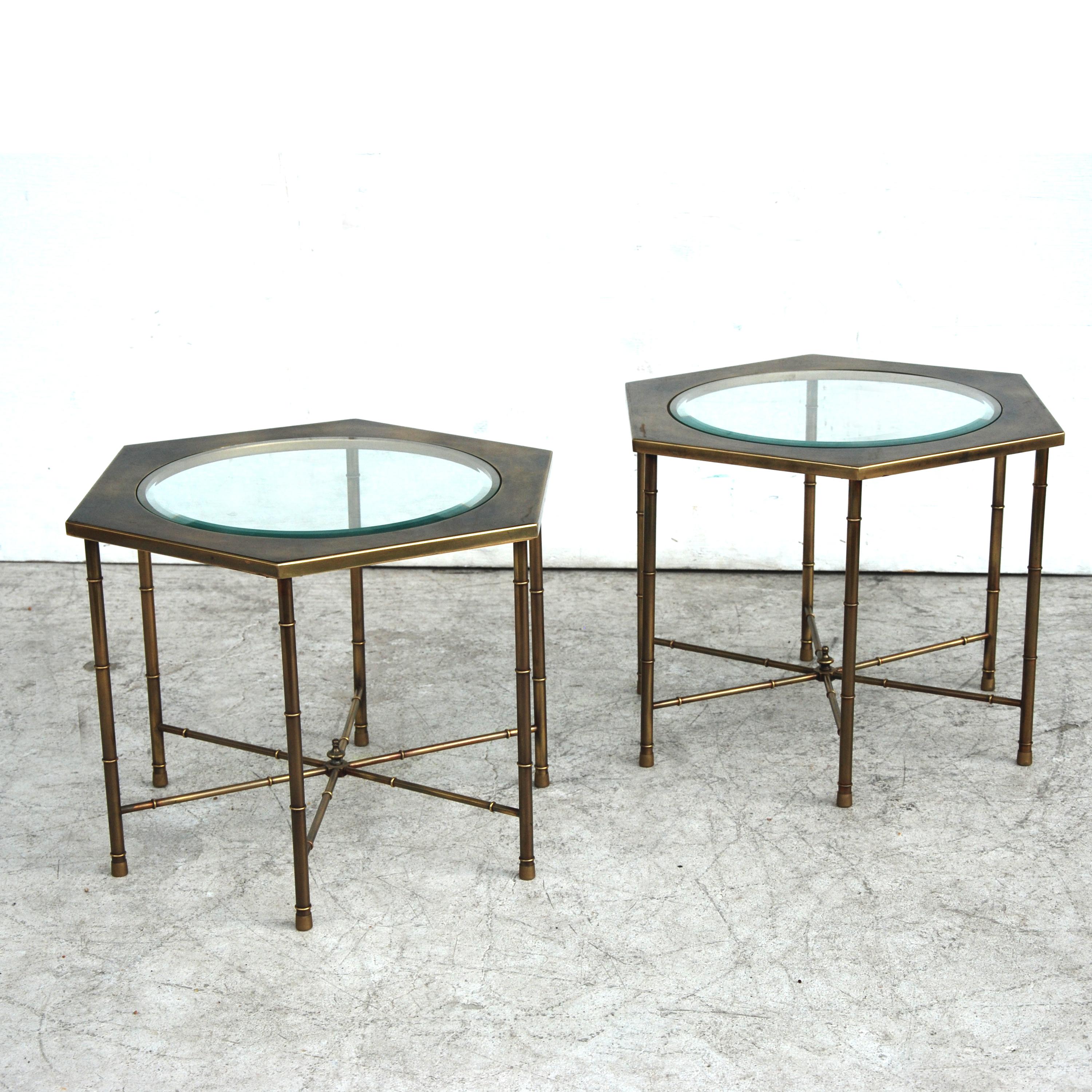 Hollywood Regency Mastercraft Brass Hexagon Side Tables In Good Condition In Pasadena, TX