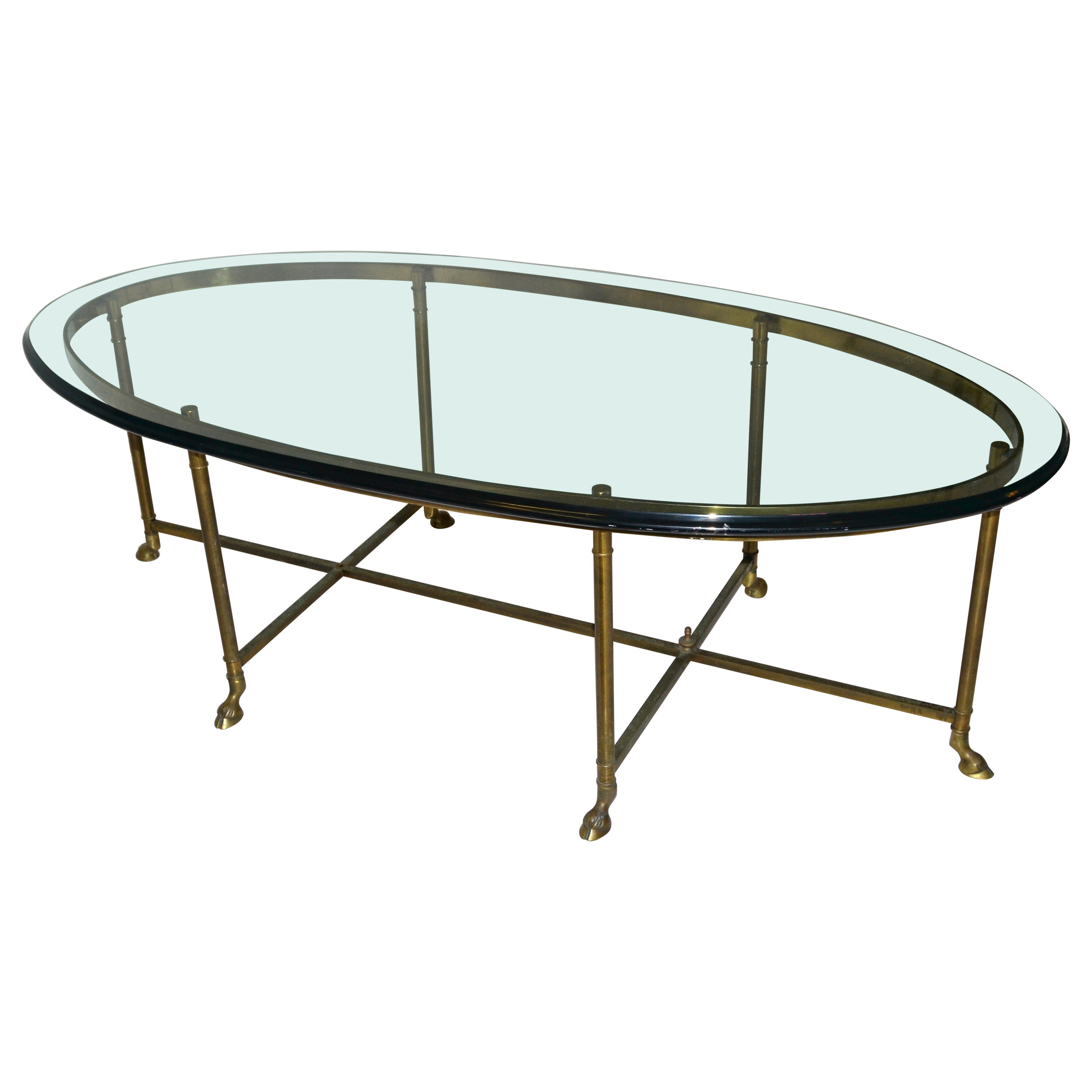 Hollywood Regency Mastercraft Brass Hoof Feet Coffee Table Racetrack Glass Top
