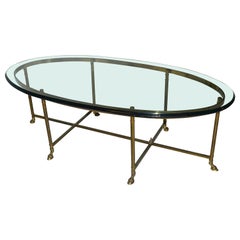 Hollywood Regency Mastercraft Brass Hoof Feet Coffee Table Racetrack Glass Top