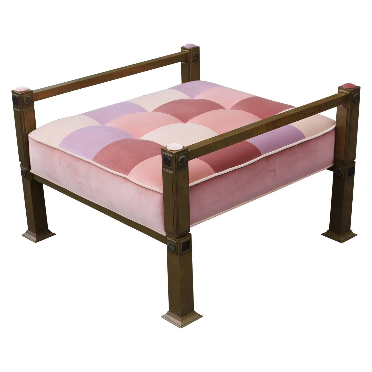 Gorgeous Mastercraft style Hollywood Regency brass bench upholstered in a fun patchwork pattern of an assortment of pink velvets. Unique and eye-catching.
