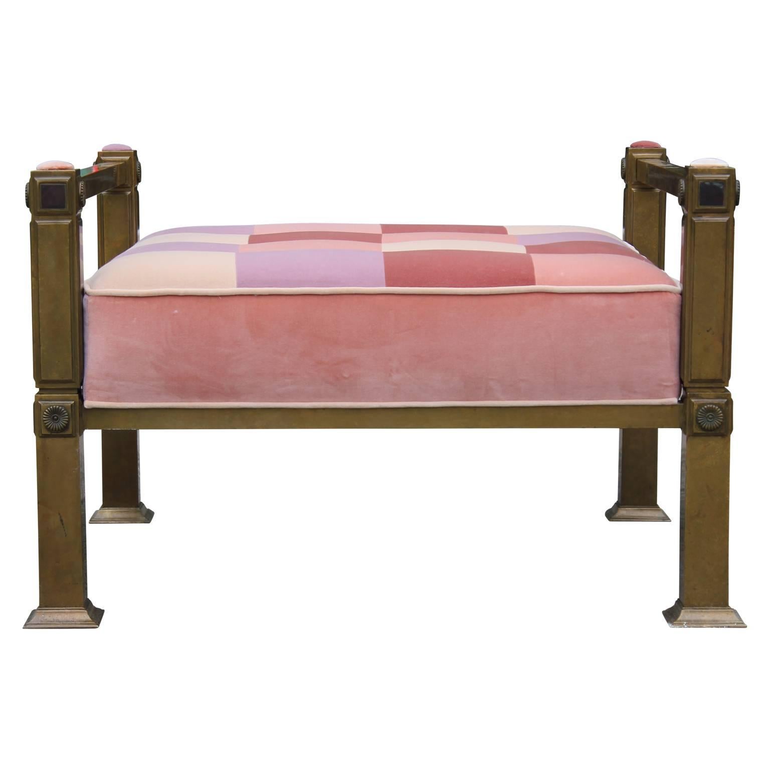 Hollywood Regency Mastercraft Style Bench or Ottoman in Pink Velvet Patchwork In Excellent Condition In Houston, TX