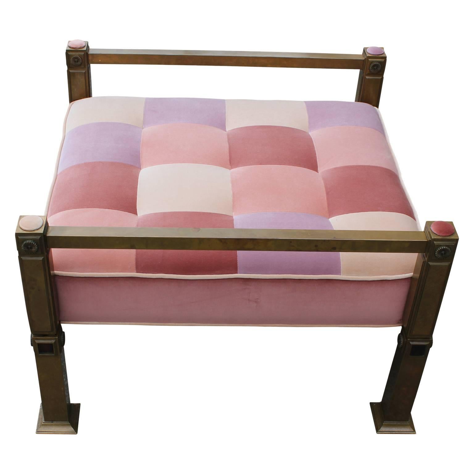 Mid-20th Century Hollywood Regency Mastercraft Style Bench or Ottoman in Pink Velvet Patchwork