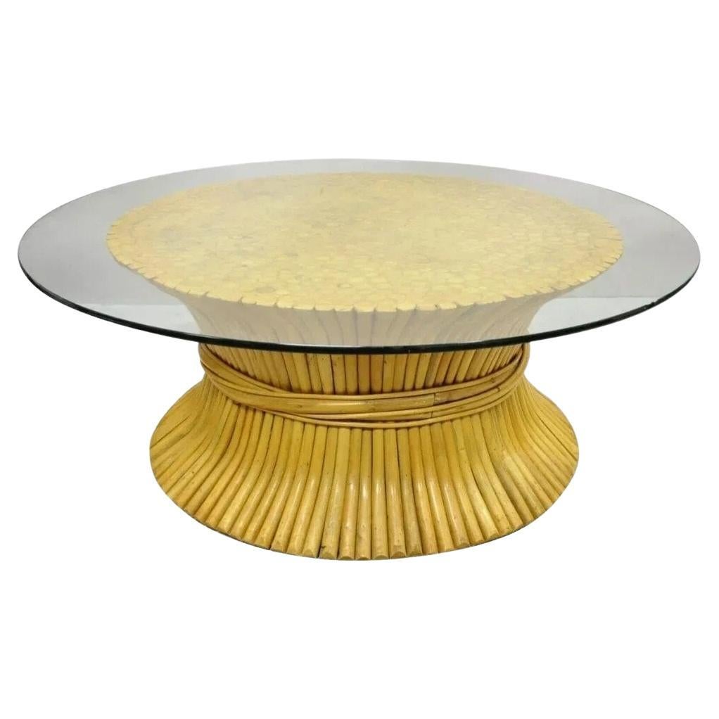 Hollywood Regency McGuire Style Sheaf of Wheat Bamboo 48" Glass Coffee Table For Sale