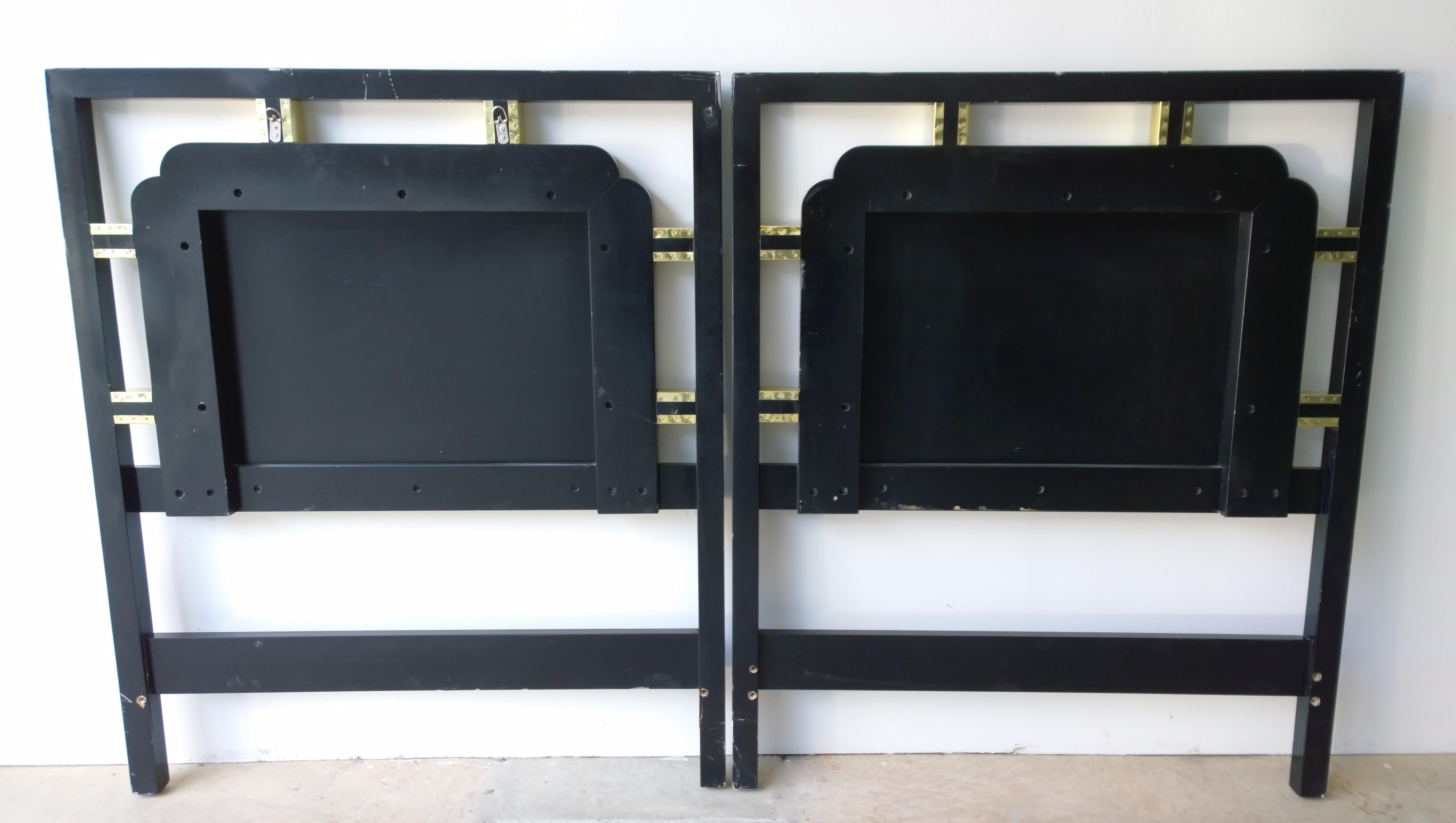 American Hollywood Regency Pair of Twin Gilt Metal and Lacquered Black Wood Headboards For Sale