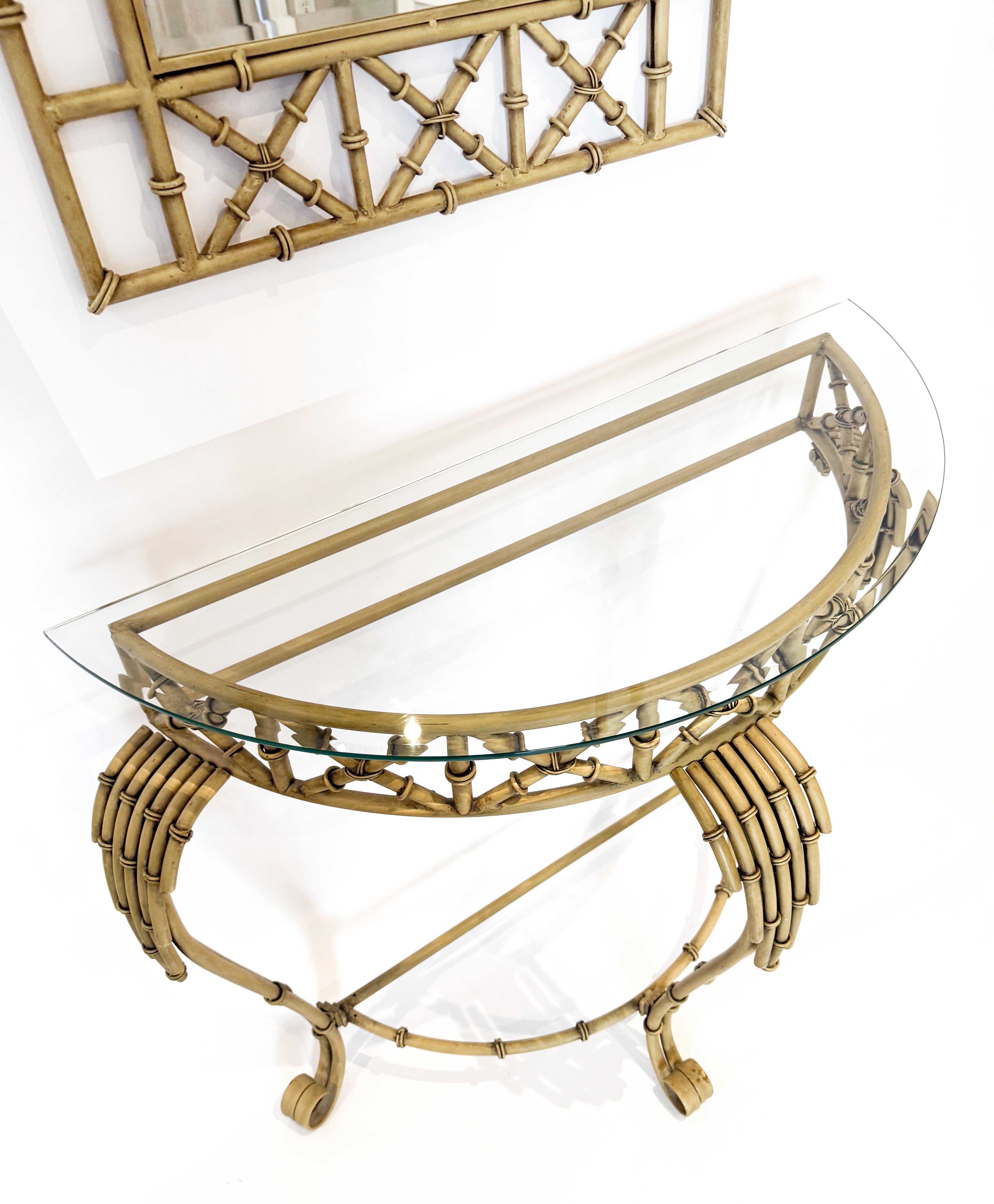 Hollywood Regency Metal Faux Bamboo Demi-lune Console Table and Mirror For Sale 2