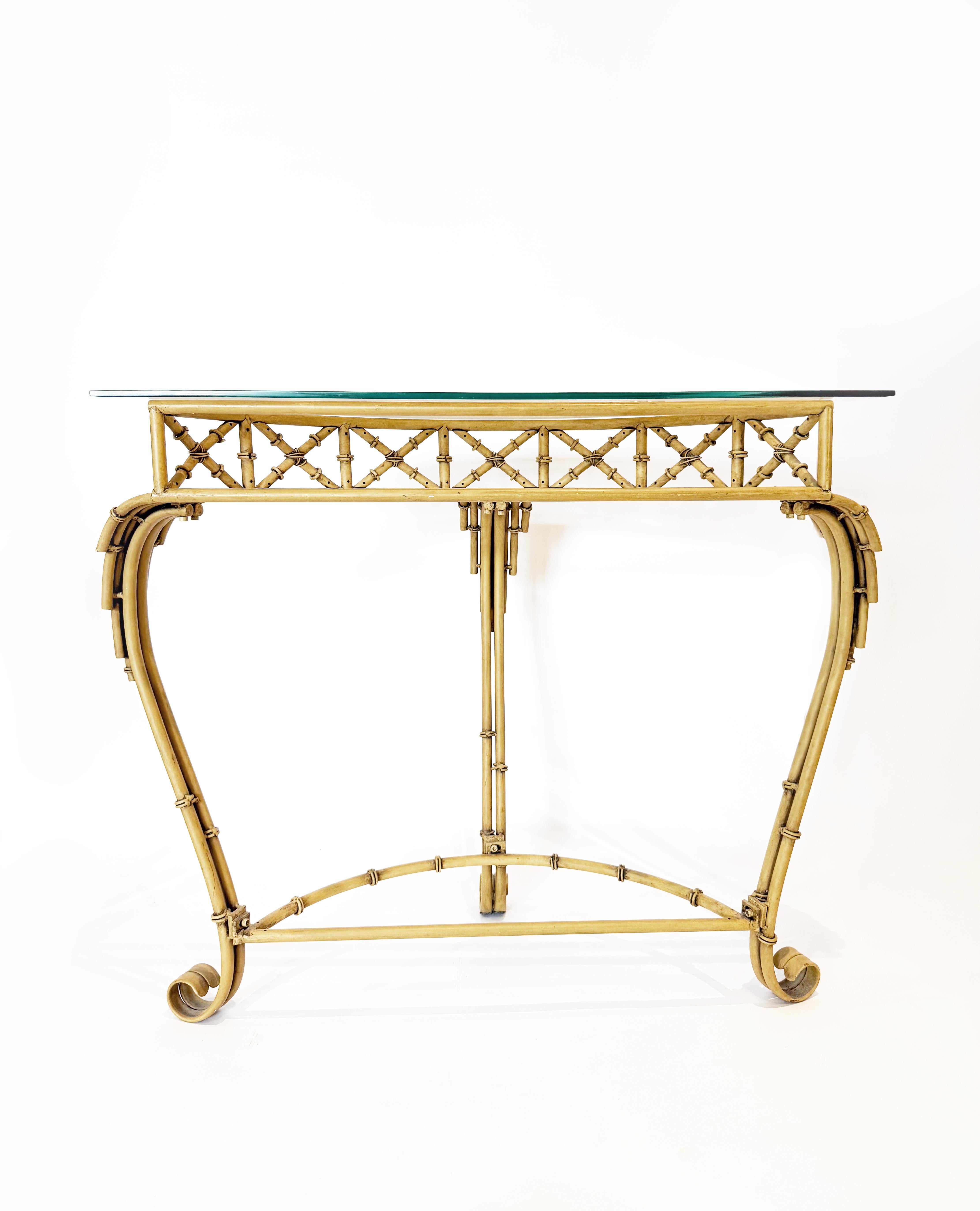 Hollywood Regency Metal Faux Bamboo Demi-lune Console Table and Mirror For Sale 3