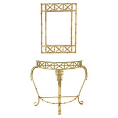 Hollywood Regency Metal Faux Bamboo Demi-lune Console Table and Mirror