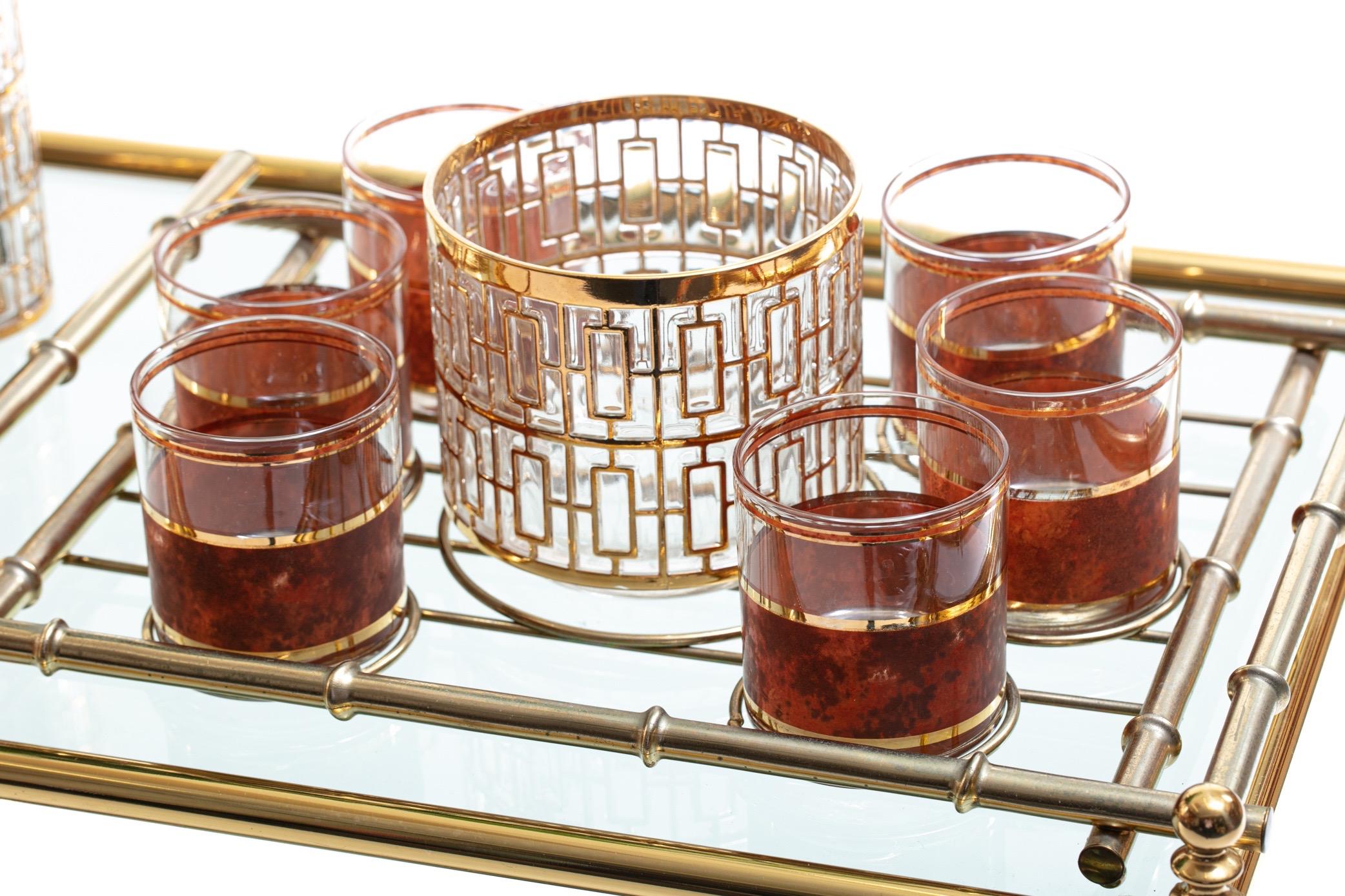 Hollywood Regency Midcentury 22-Karat Gold Barware Set and Brass Bamboo Tray In Good Condition In Saint Louis, MO