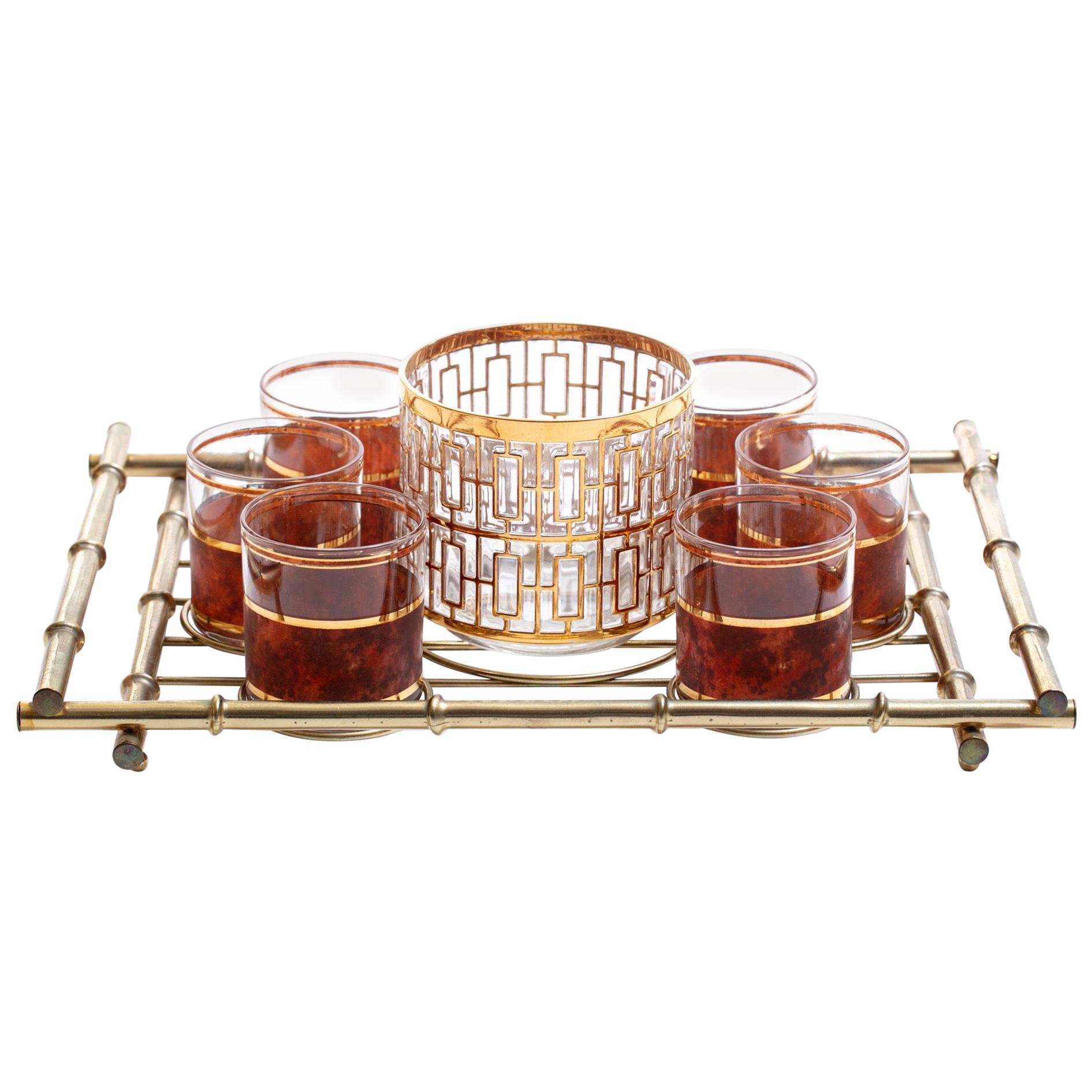 Hollywood Regency Midcentury 22-Karat Gold Barware Set and Brass Bamboo Tray