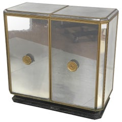 Hollywood Regency Midcentury Antiqued Mirrored Two-Door Bar or Serving Cabinet