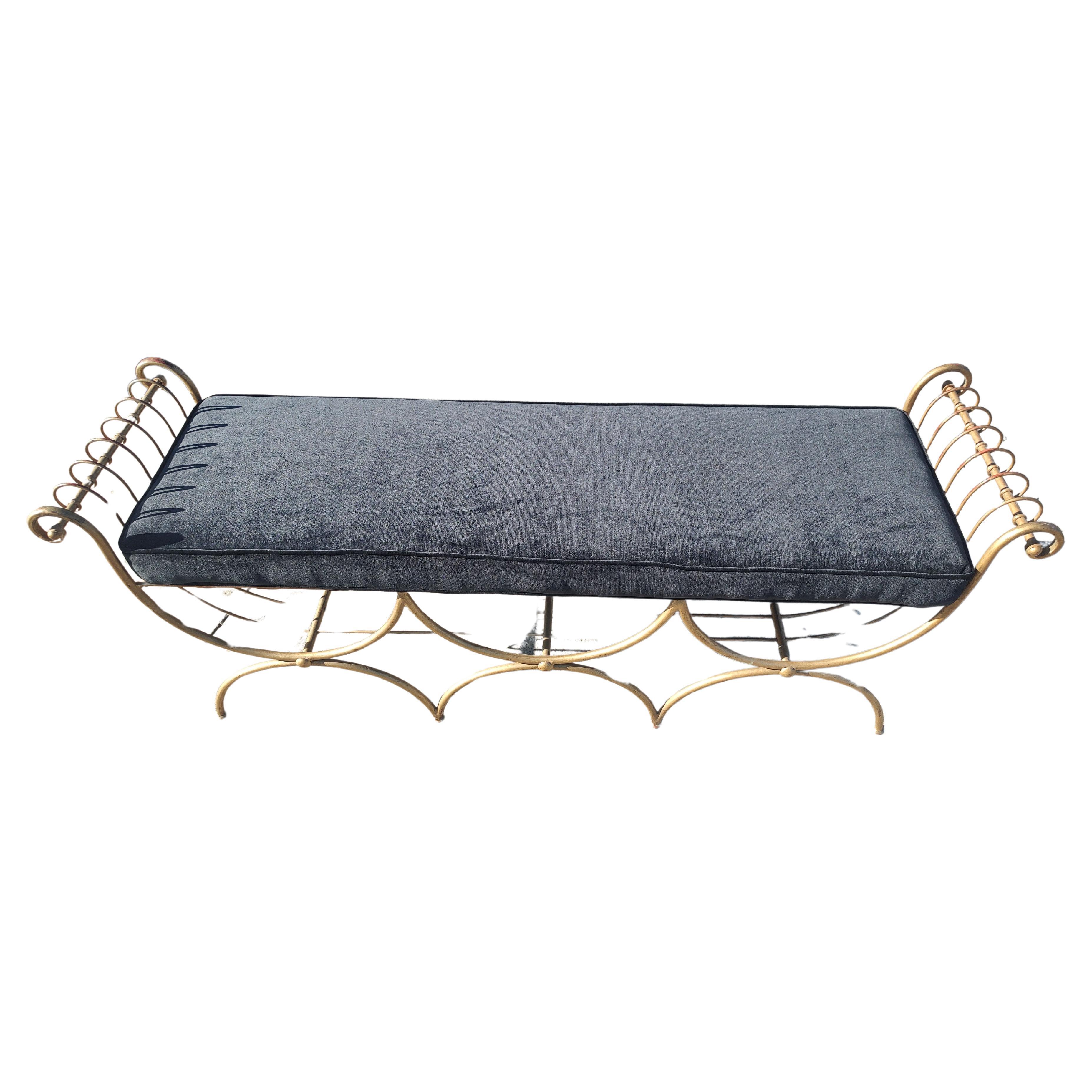 Hollywood Regency Mid Century Gilt Iron Double Bench w New Upholstered Cushion  For Sale 1