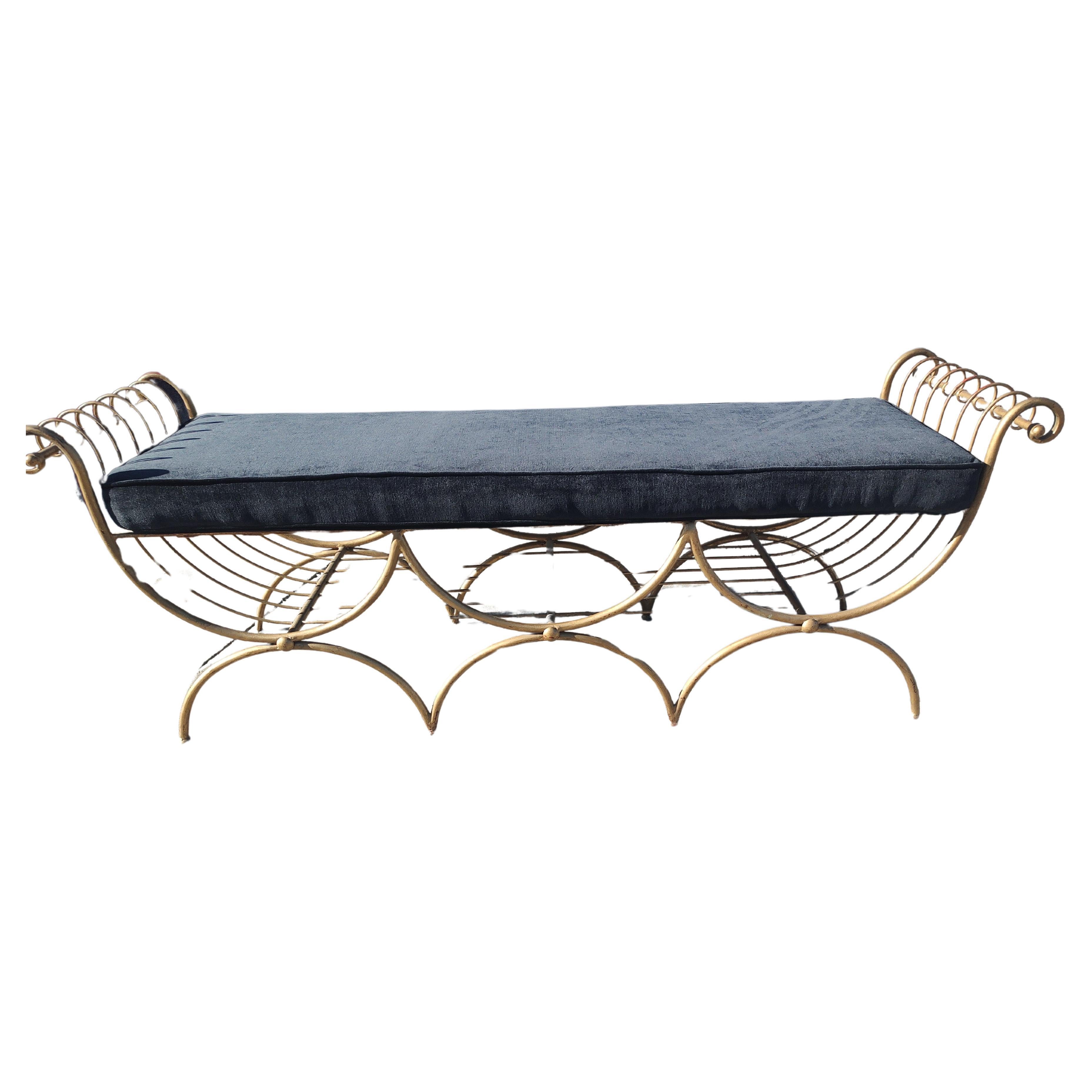 Hollywood Regency Mid Century Gilt Iron Double Bench w New Upholstered Cushion  For Sale
