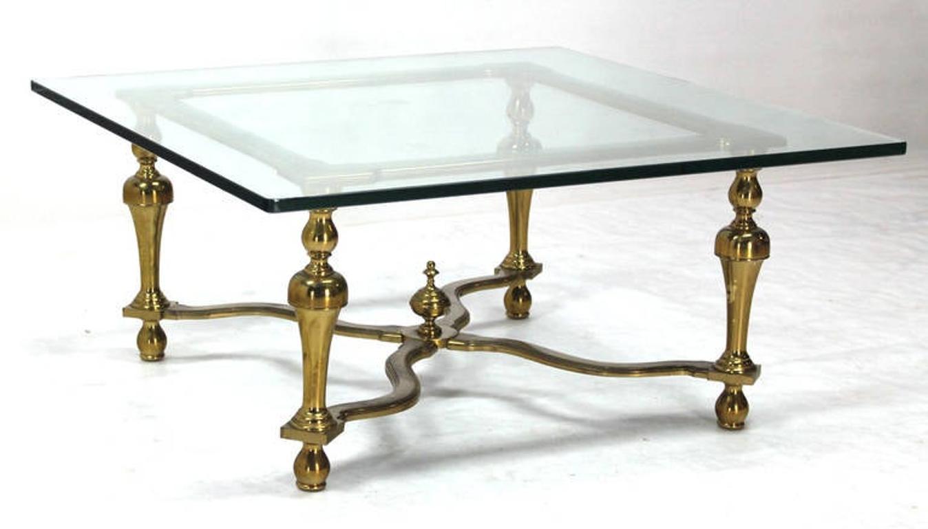 Brass Hollywood Regency Mid Century Modern Jansen Style Square Glass Top Coffee Table  For Sale