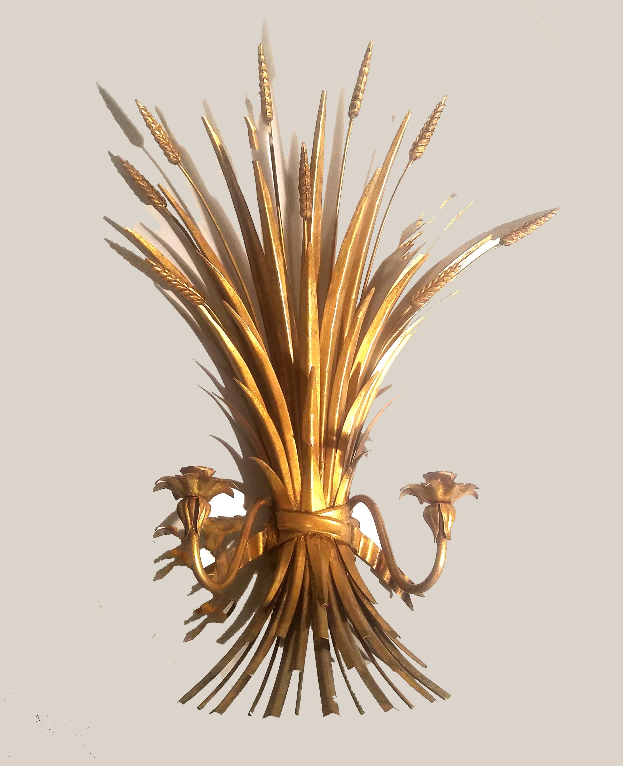 Italian Hollywood Regency Midcentury Gilt Metal Wheat Sheaf Sconces