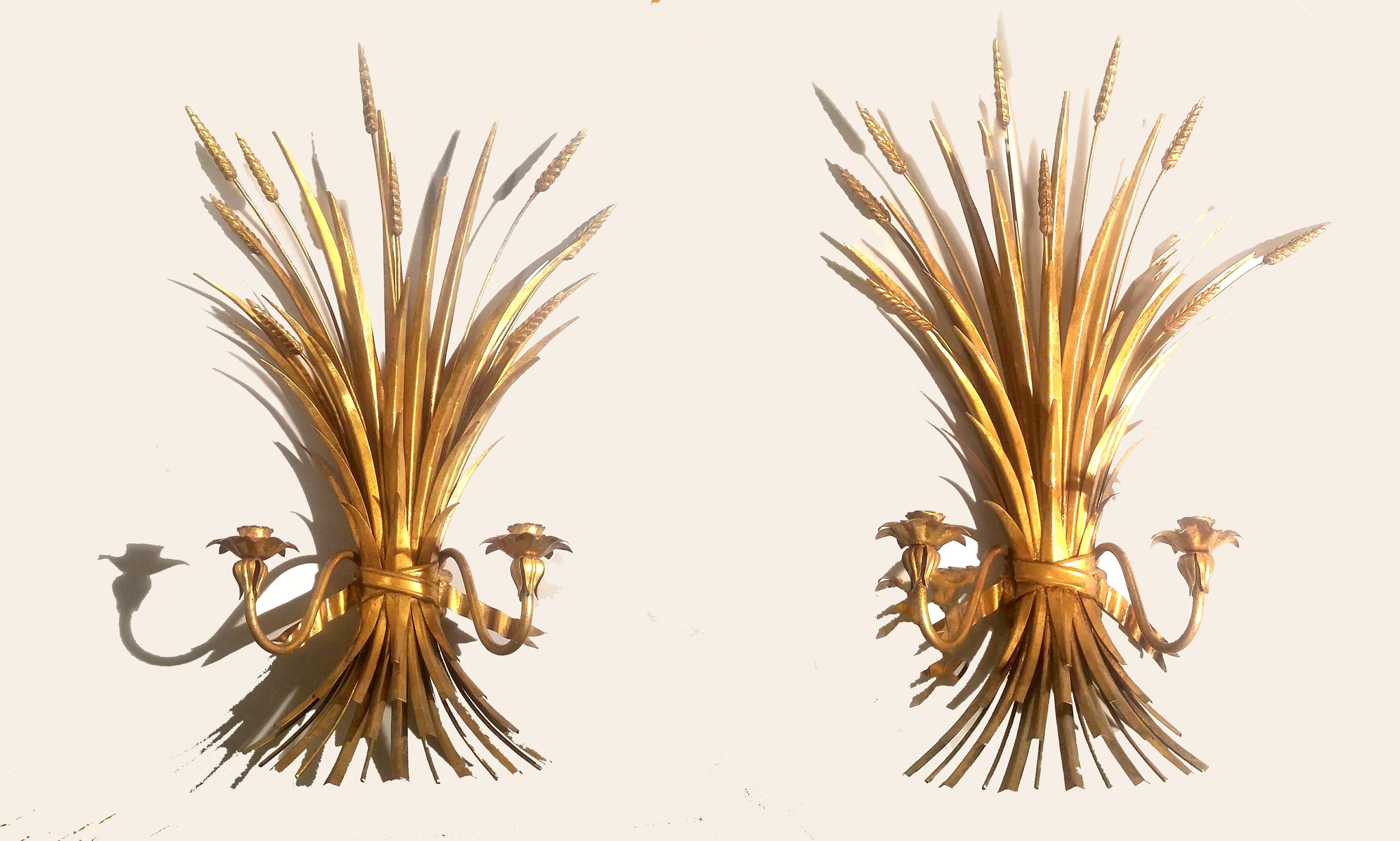 Hollywood Regency Midcentury Gilt Metal Wheat Sheaf Sconces In Excellent Condition In Downingtown, PA