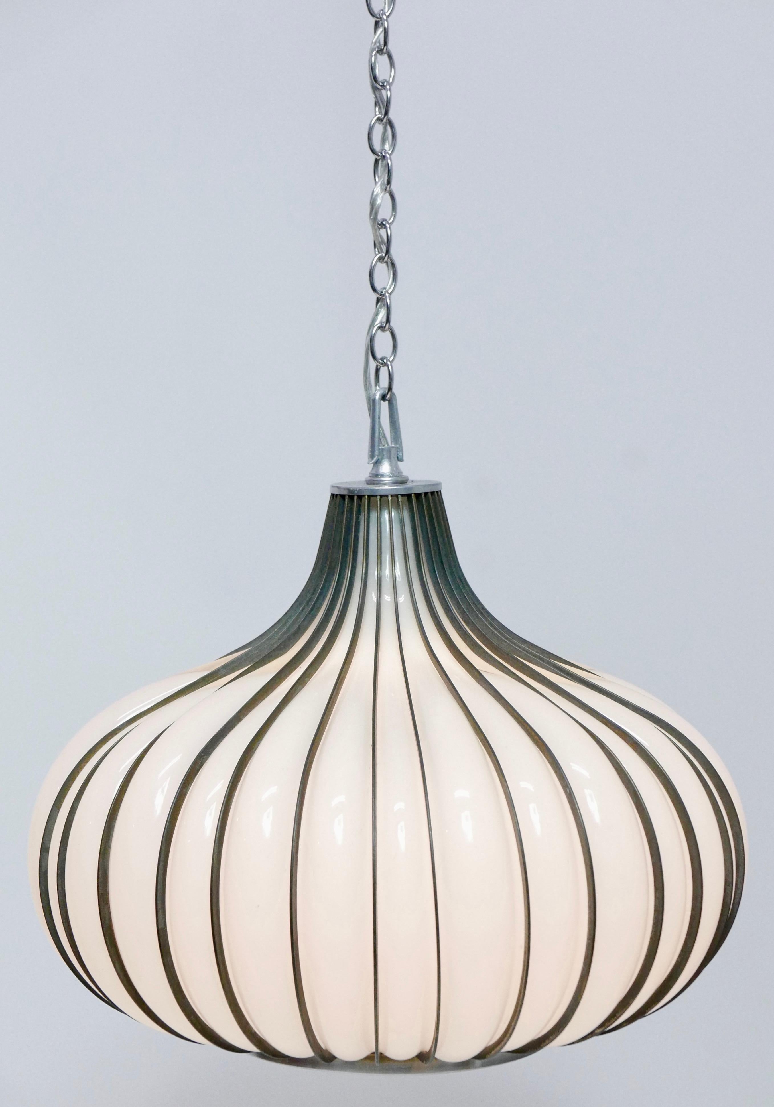 Hollywood Regency Milk Glass and Metal 'Allium' Hanging Onion Pendant Light 2