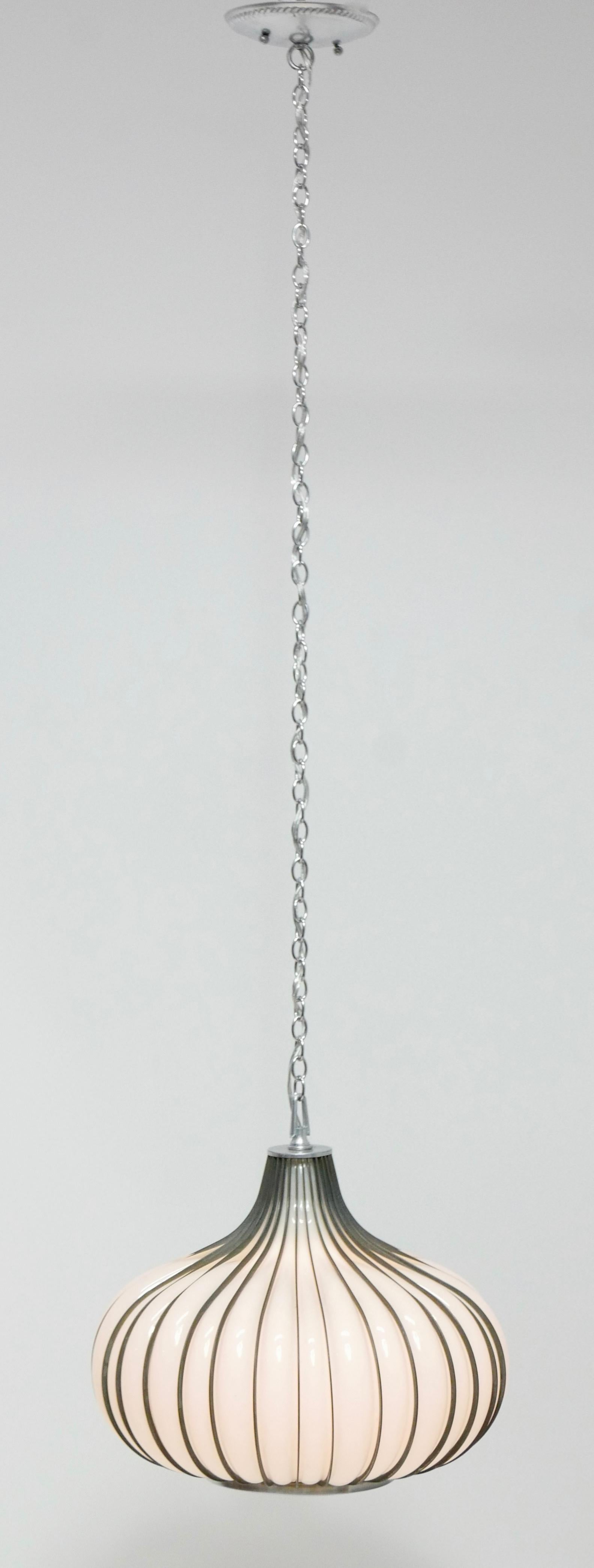 Hollywood Regency Milk Glass and Metal 'Allium' Hanging Onion Pendant Light 3