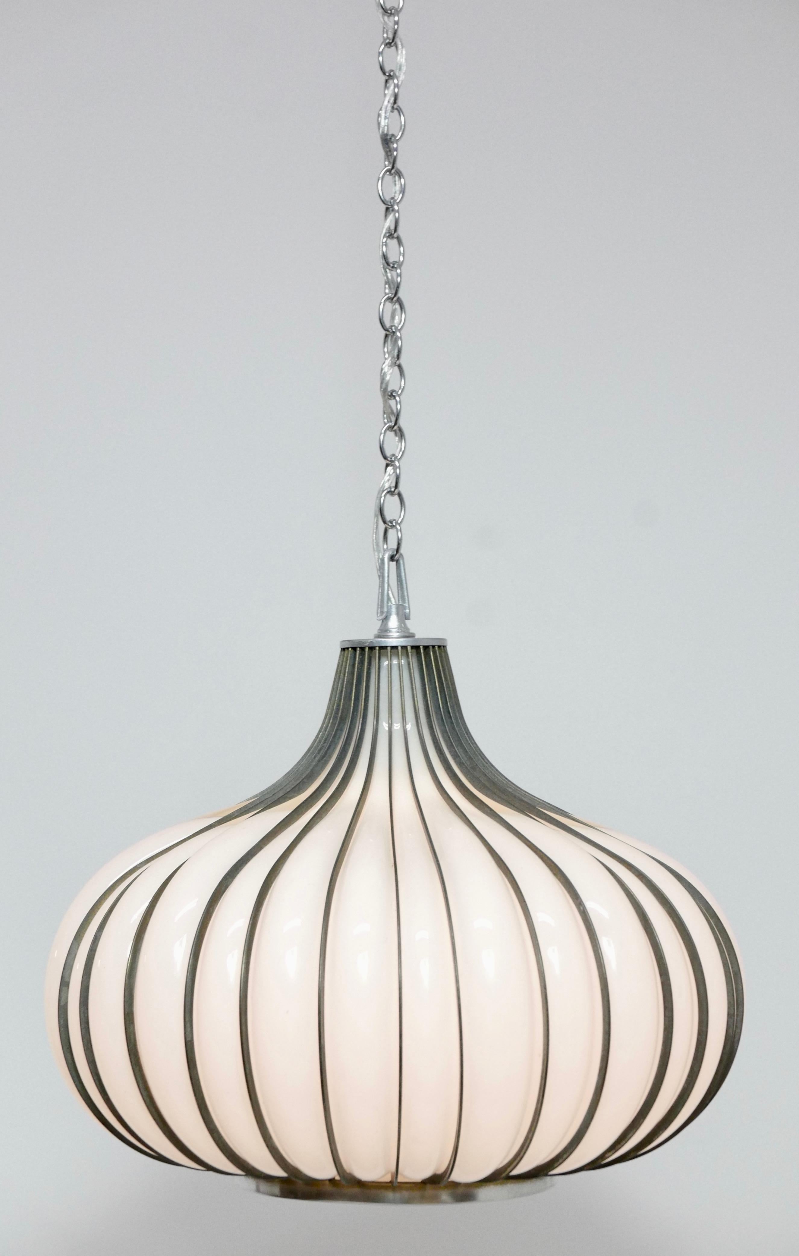 Hollywood Regency Milk Glass and Metal 'Allium' Hanging Onion Pendant Light 4
