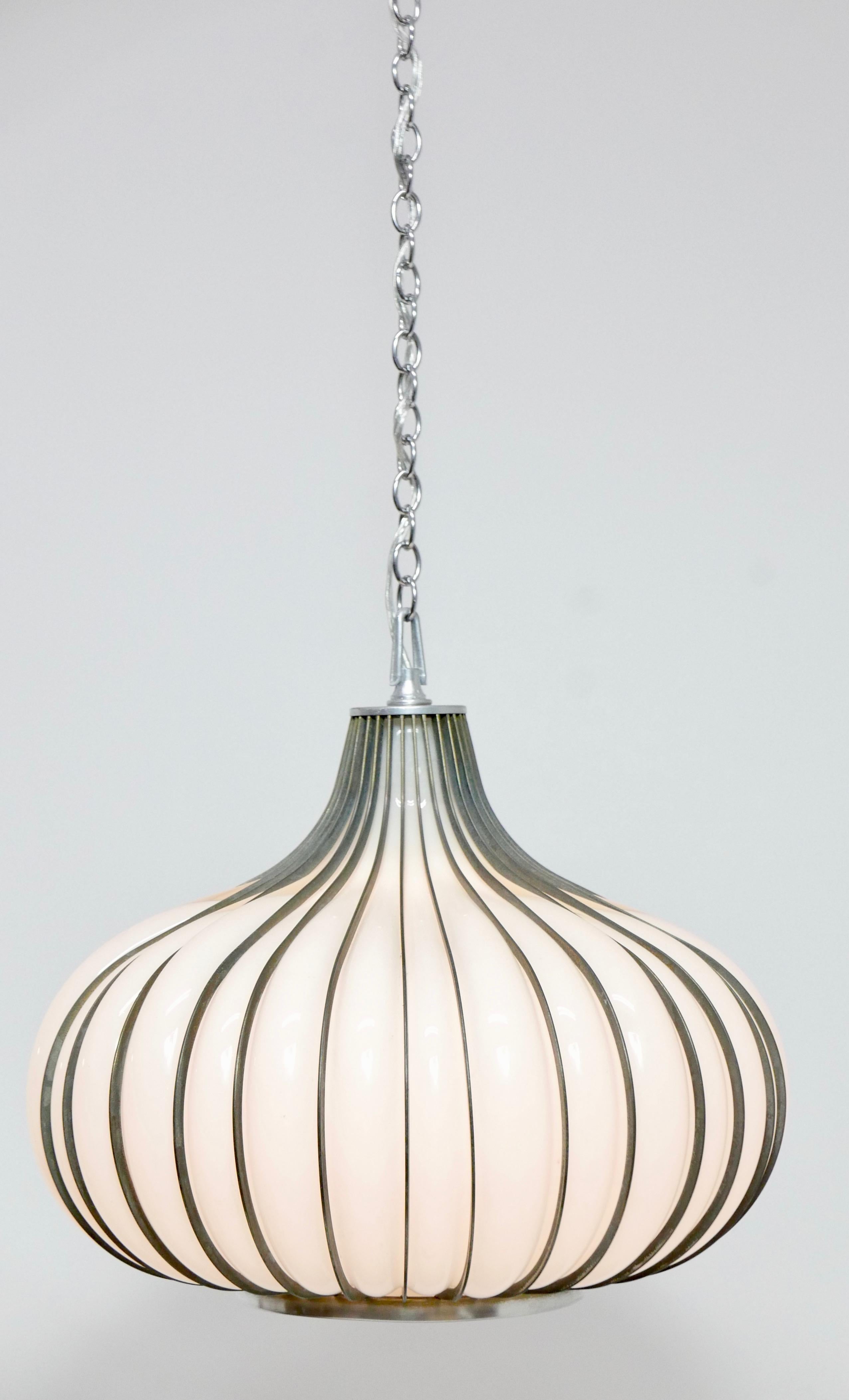 Hollywood Regency Milk Glass and Metal 'Allium' Hanging Onion Pendant Light 5