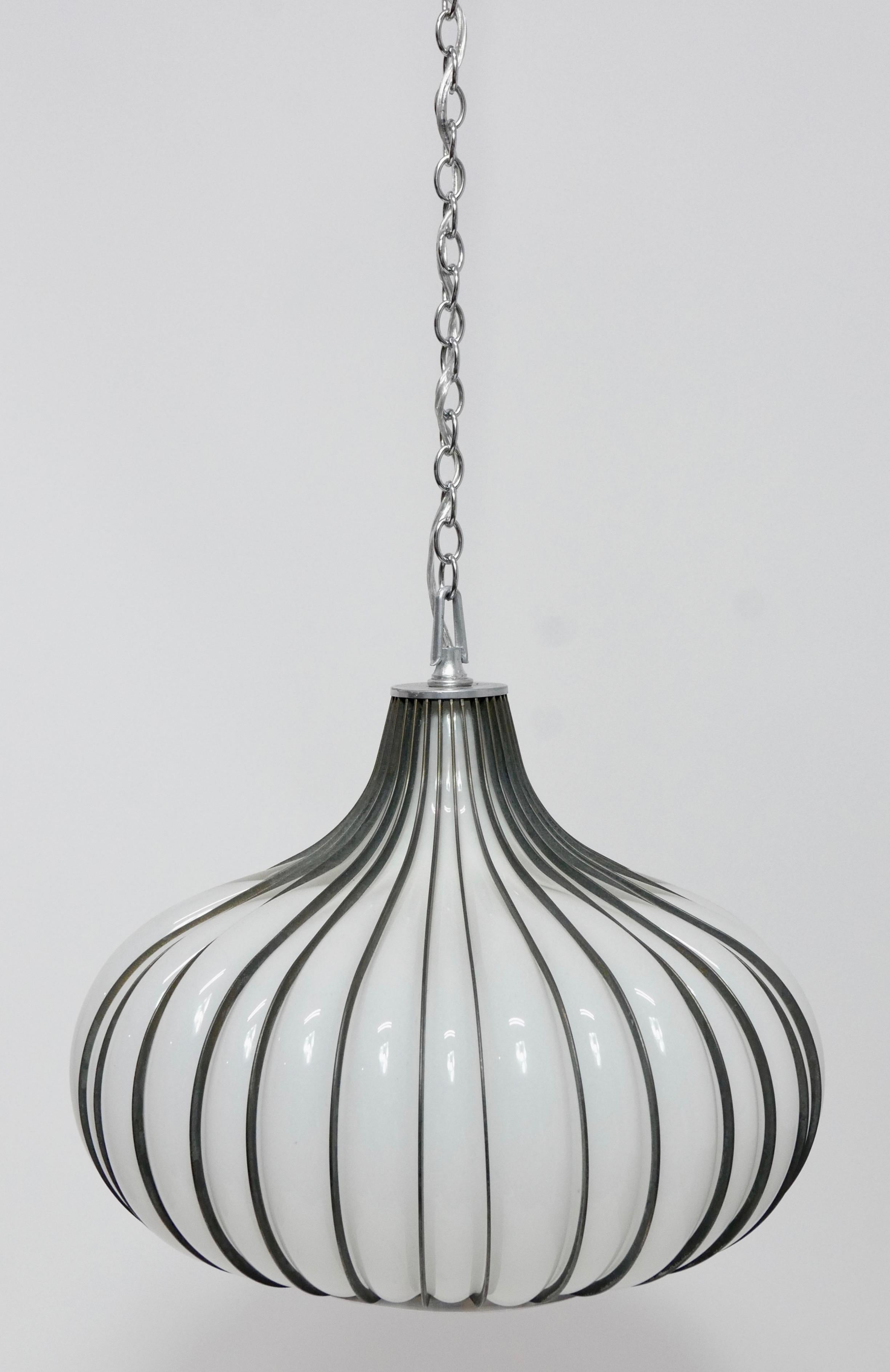 Hollywood Regency Milk Glass and Metal 'Allium' Hanging Onion Pendant Light 6