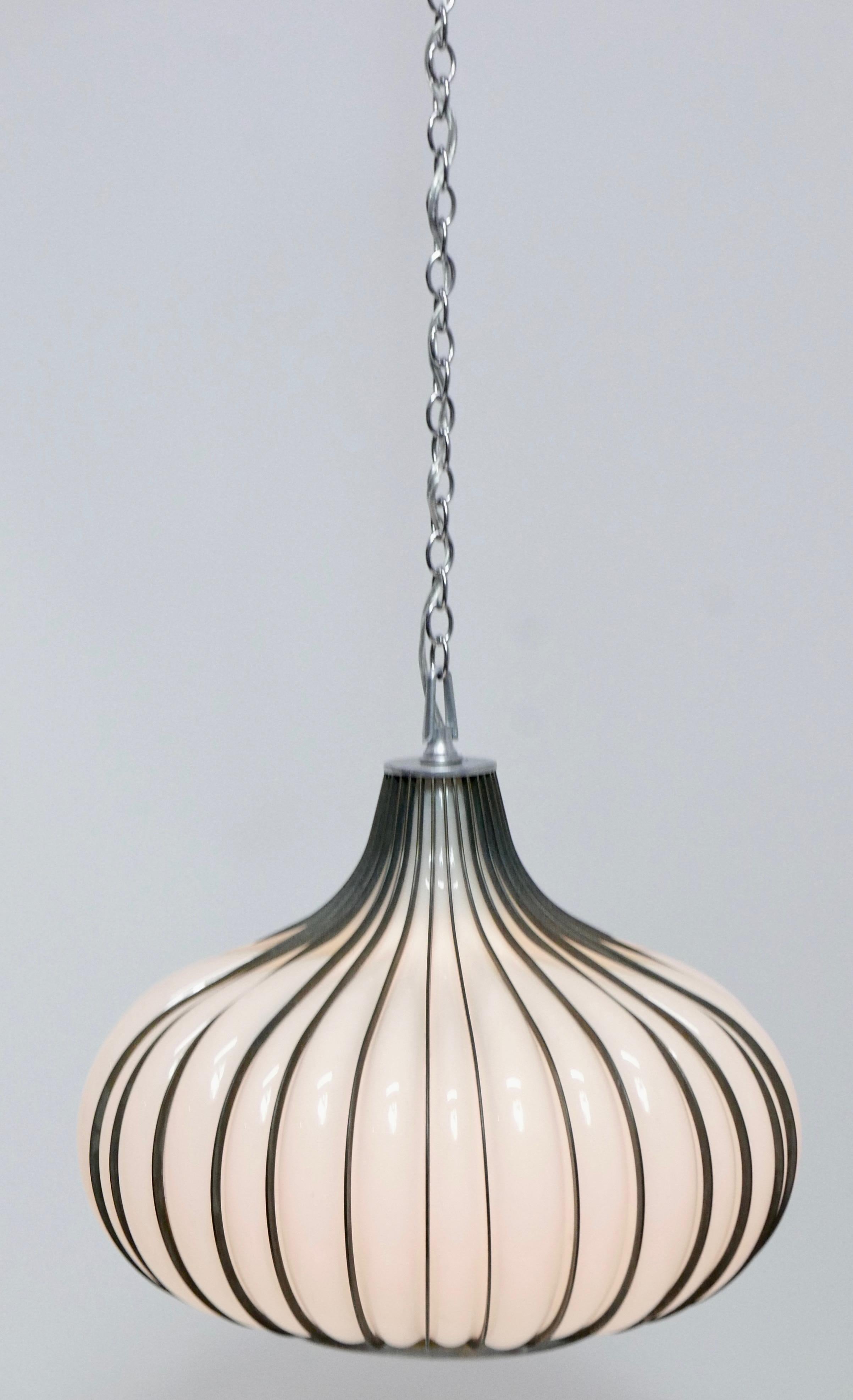 Mid-Century Modern Hollywood Regency Milk Glass and Metal 'Allium' Hanging Onion Pendant Light