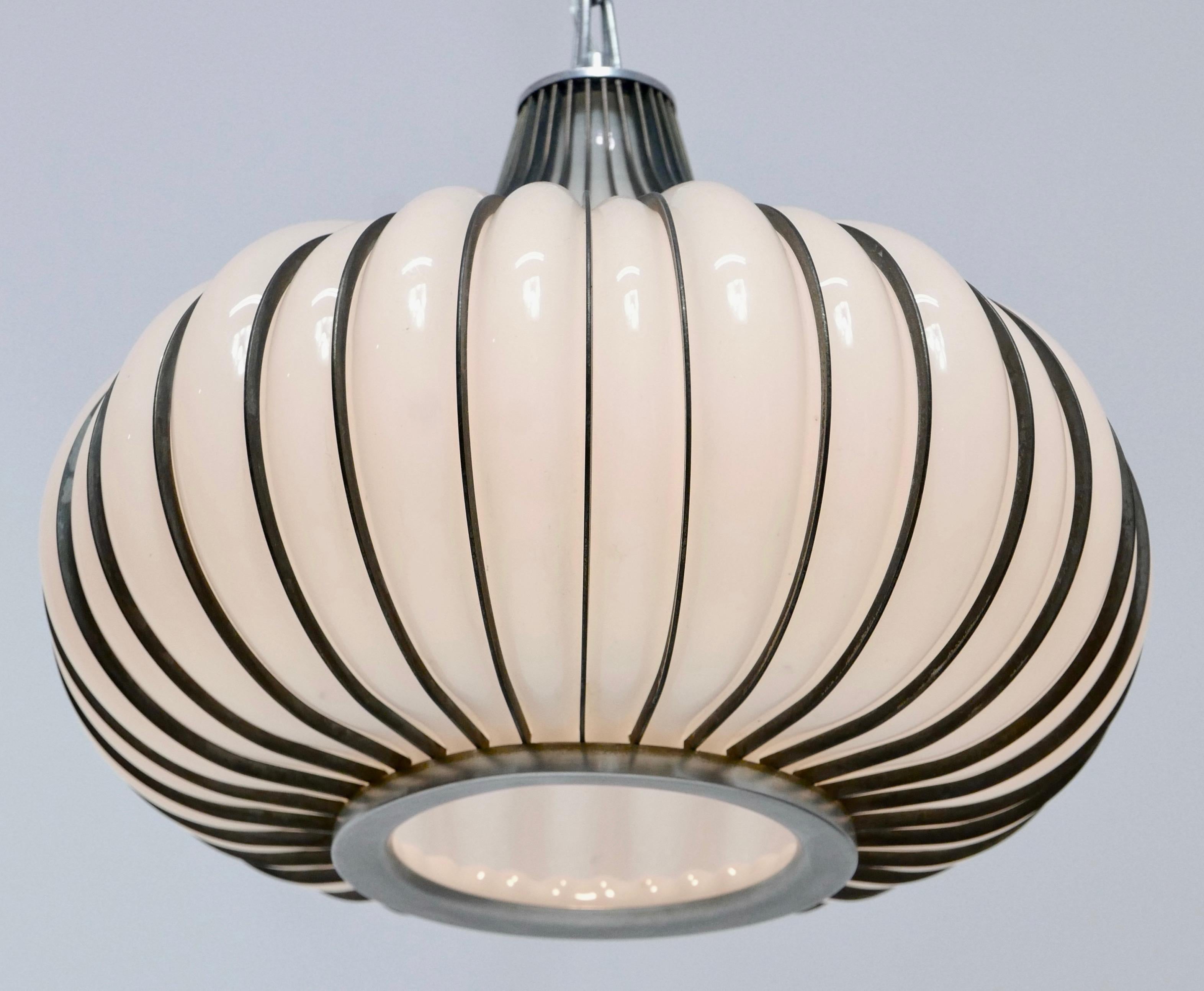 American Hollywood Regency Milk Glass and Metal 'Allium' Hanging Onion Pendant Light
