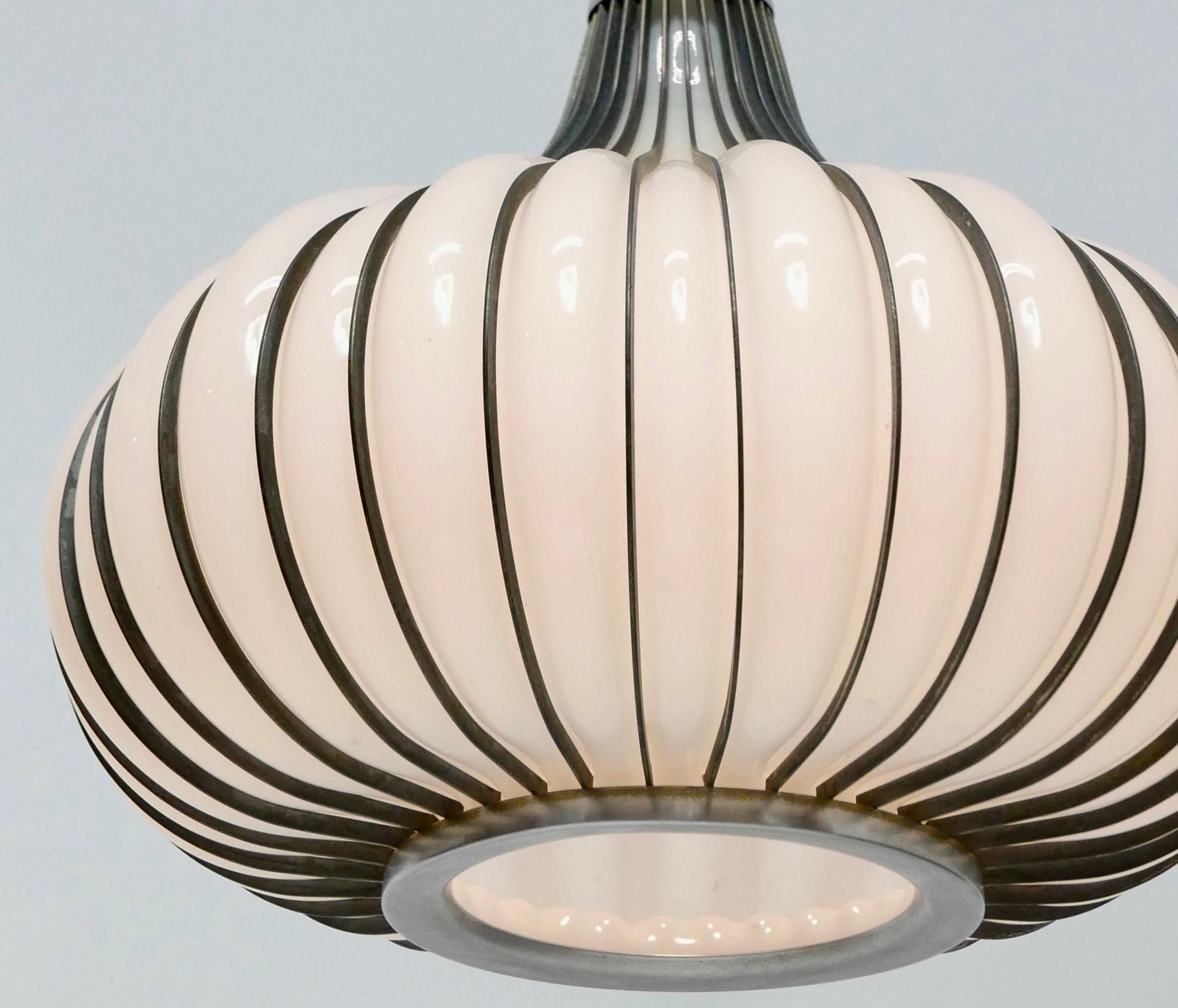 Hollywood Regency Milk Glass and Metal 'Allium' Hanging Onion Pendant Light In Excellent Condition In San Francisco, CA