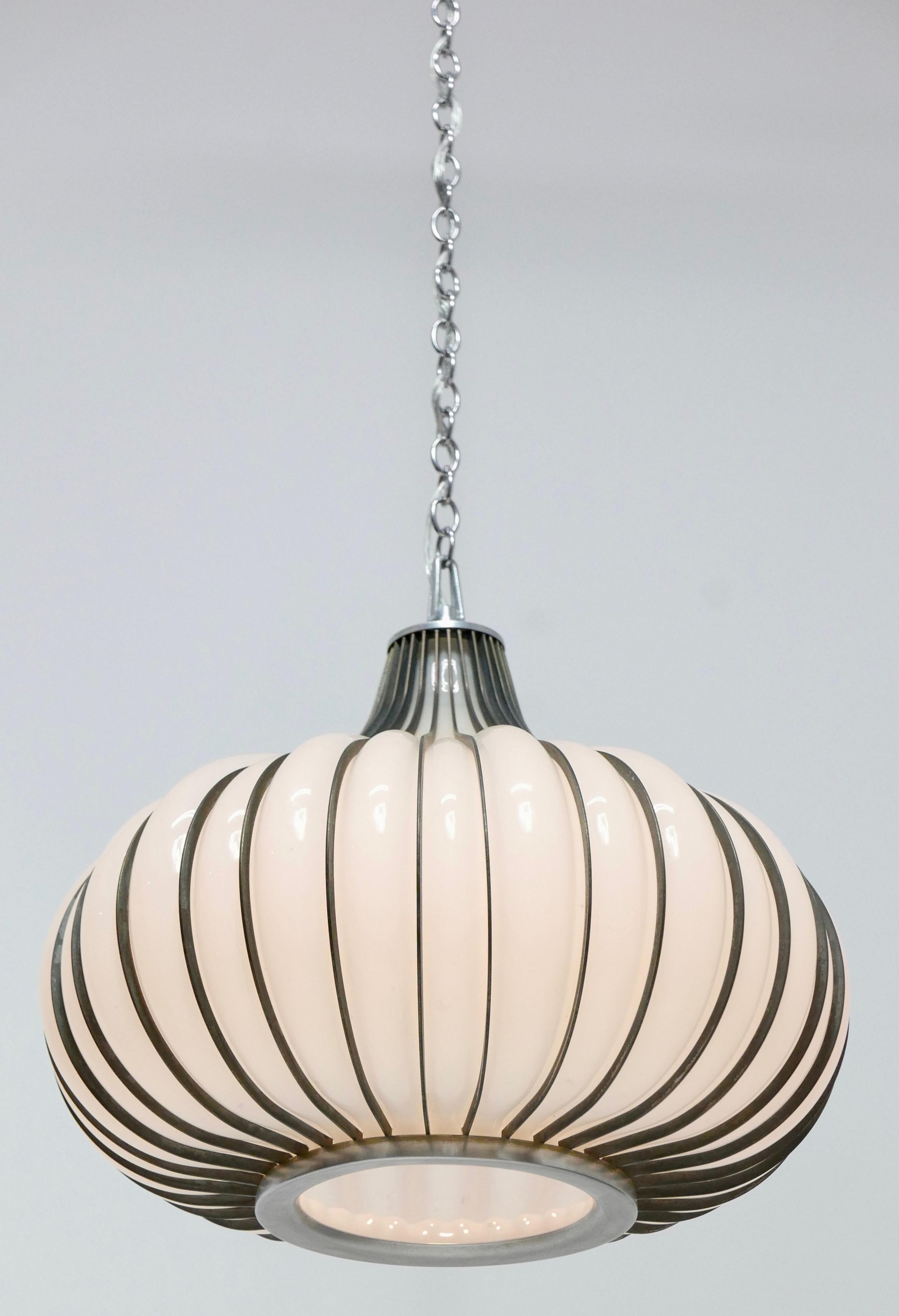 20th Century Hollywood Regency Milk Glass and Metal 'Allium' Hanging Onion Pendant Light