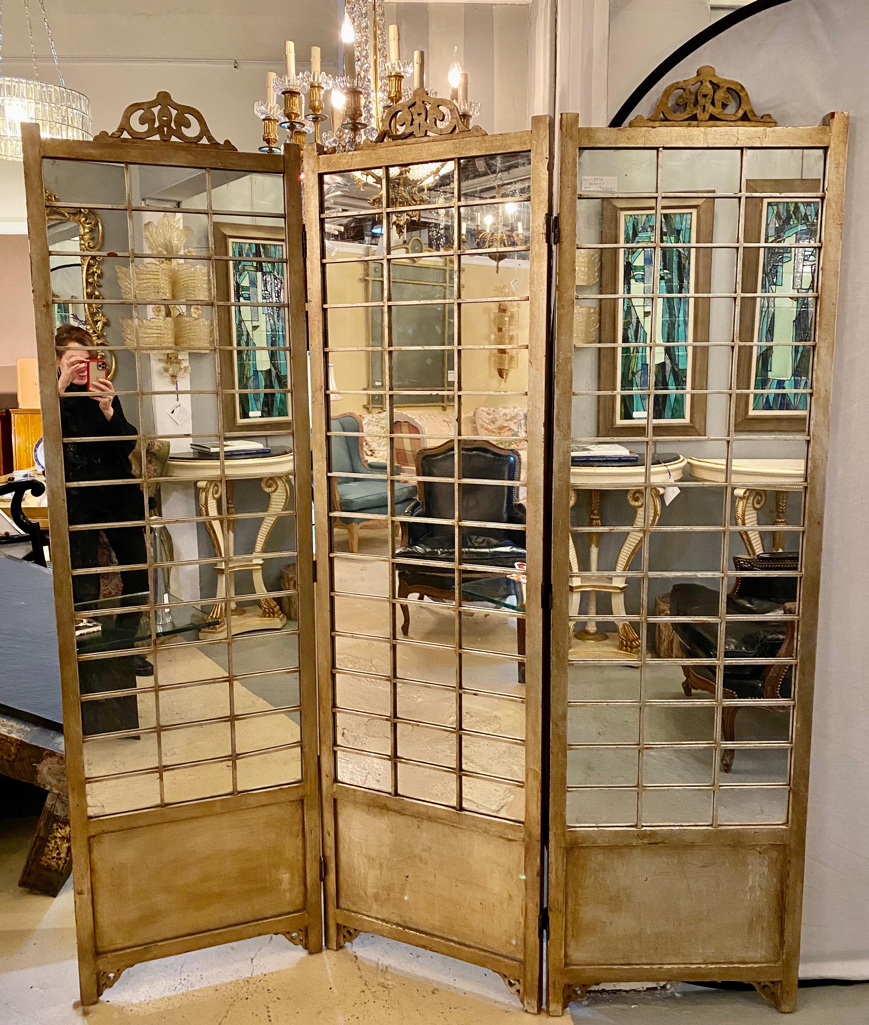 Hollywood Regency mirror and Gold gilt screen or room divider. Each 21