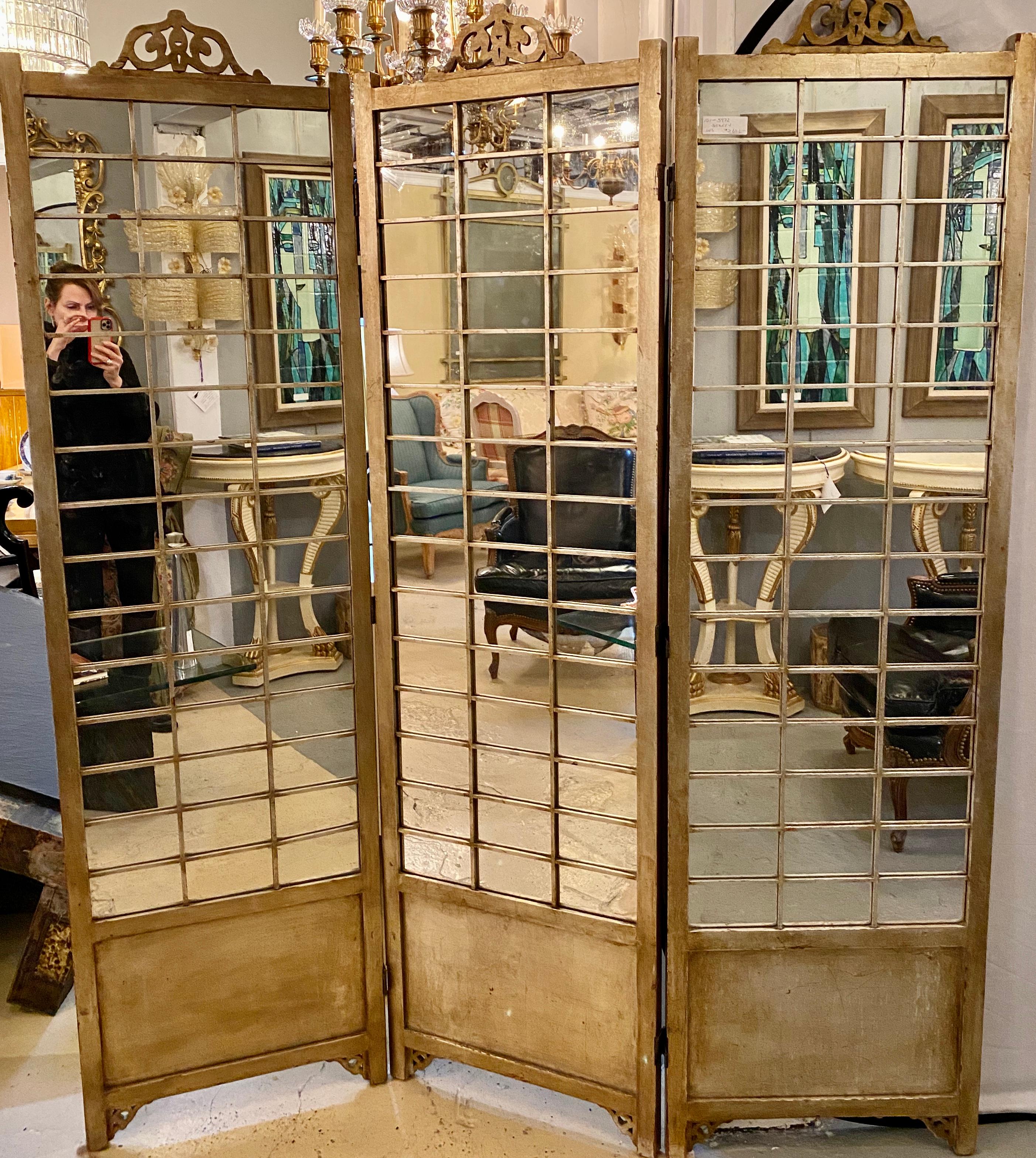 Unknown Hollywood Regency Mirror Gold And Silver Distressed Gilt Screen Room Divider 