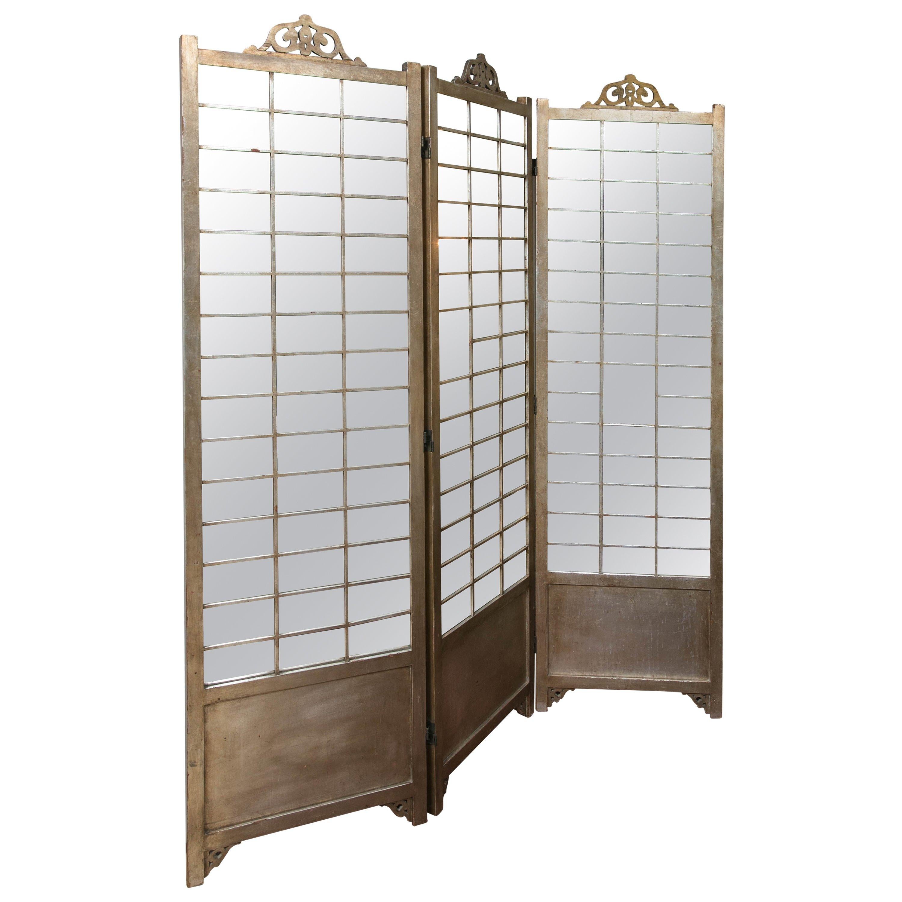 Hollywood Regency Mirror Gold And Silver Distressed Gilt Screen Room Divider 