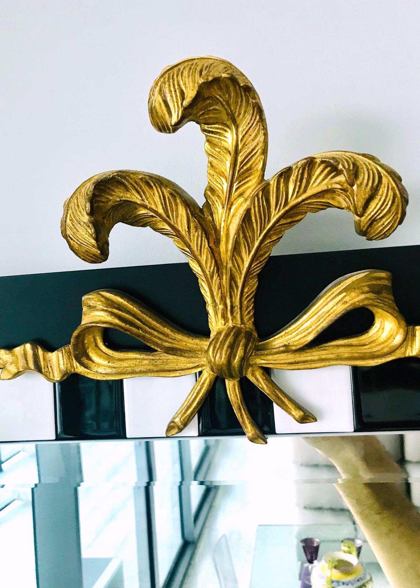 Hollywood Regency Mirror with Gold Leaf Plumes and Ceramic Tiles 2